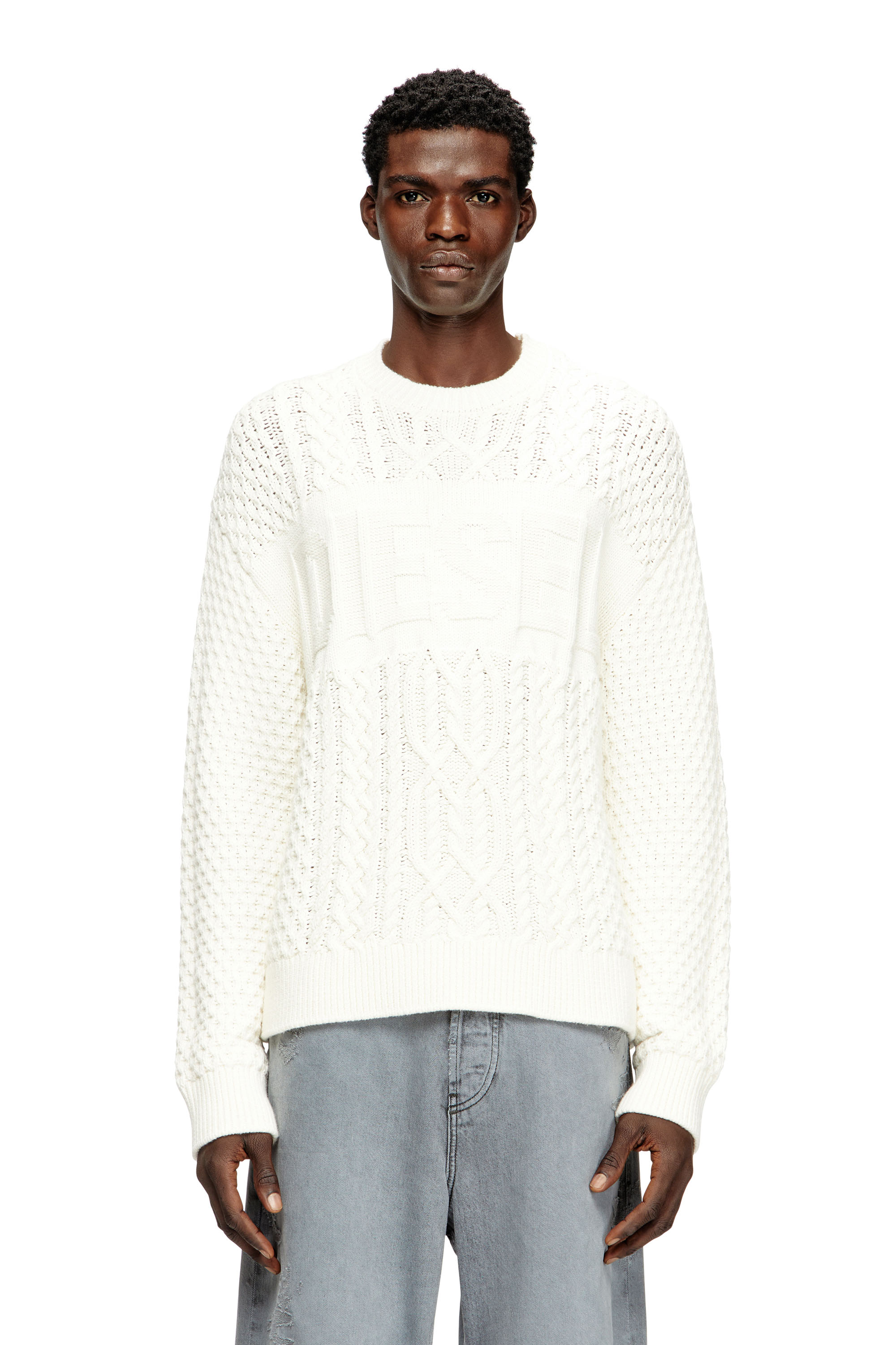 Diesel - K-AUBIN, Man's Cable-knit jumper with Diesel logo in White - 1