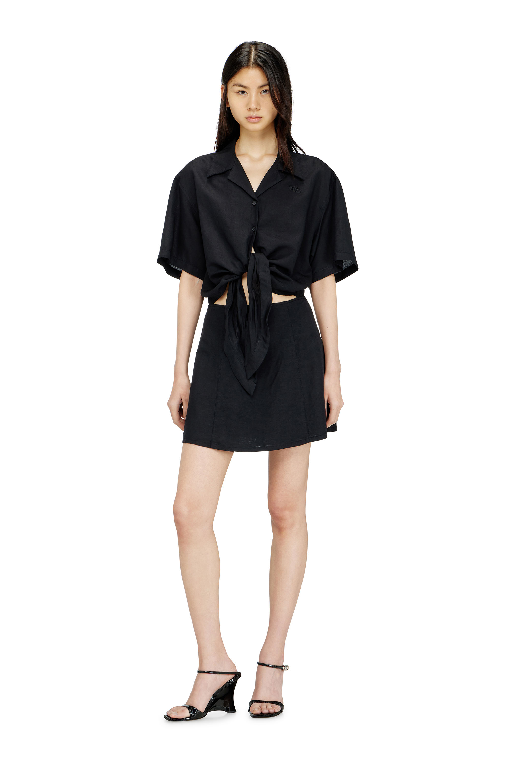 Diesel - D-STALL, Woman's Linen-blend mini dress with waist knot in Black - 3