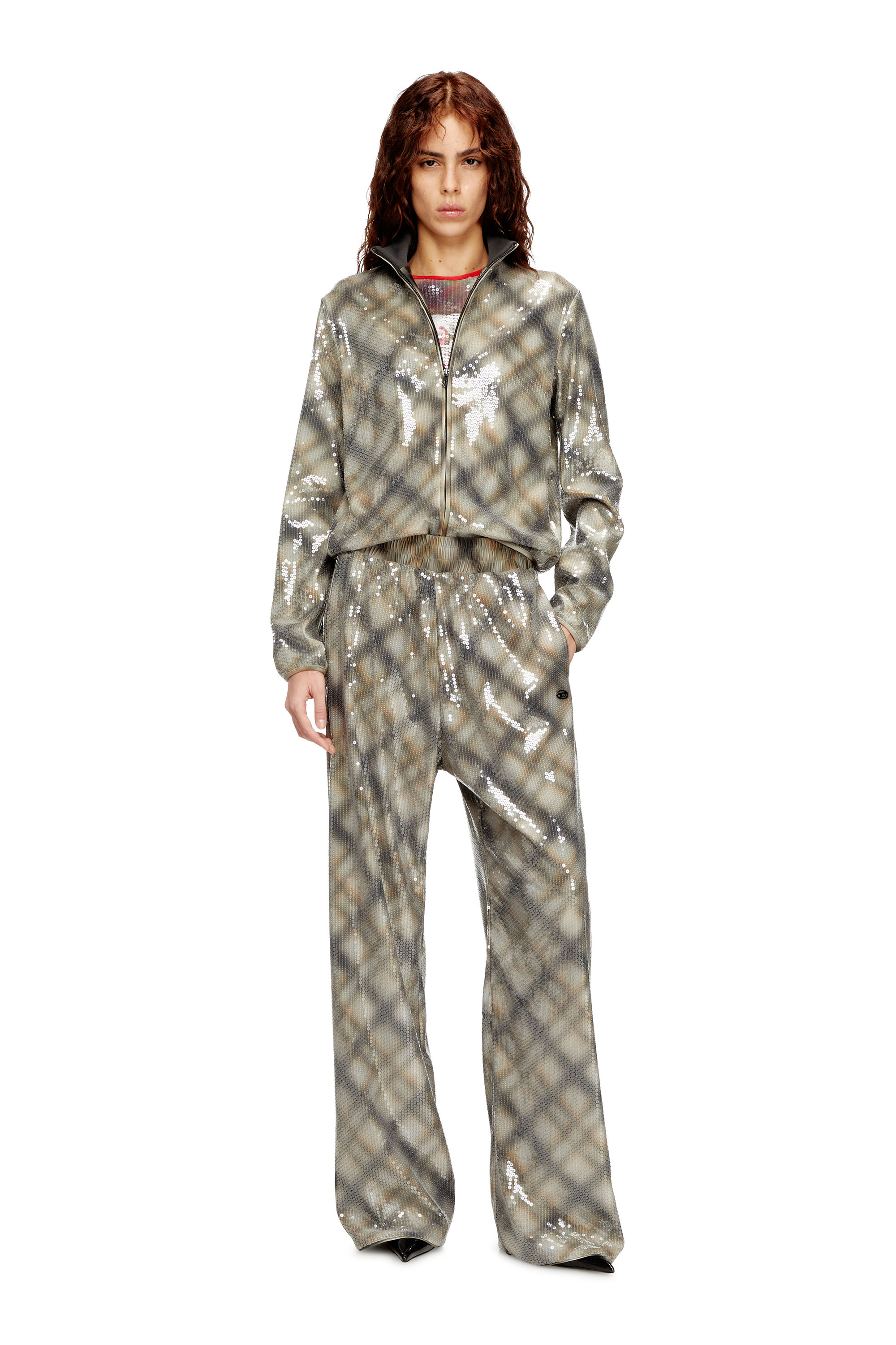 Diesel - P-ERQUEEN, Woman's Sequined pants in with plaid design in Beige/Grey - 2