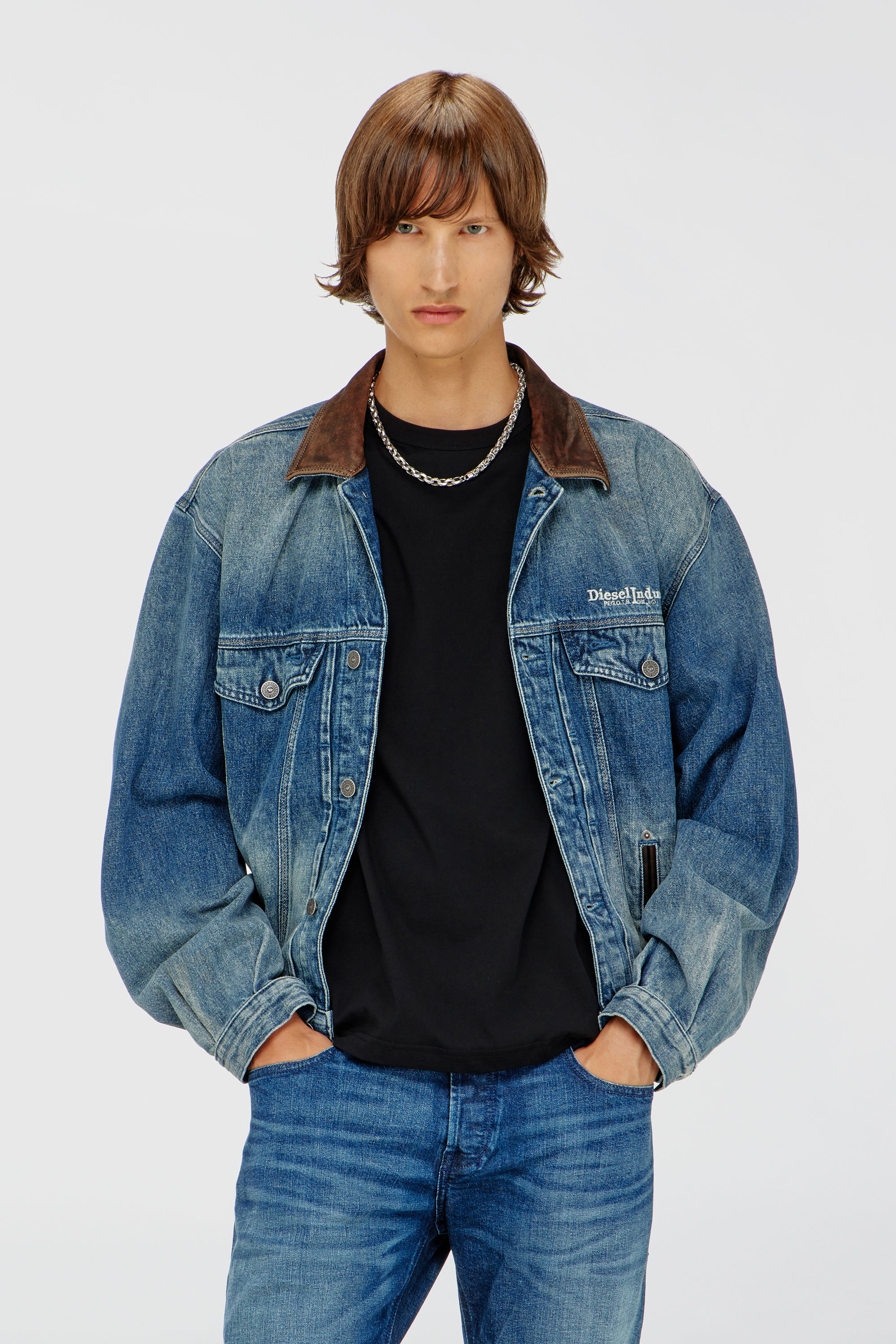 Diesel - Denim trucker jacket with contrast leather trims - Denim Jackets - Unisex - Blue