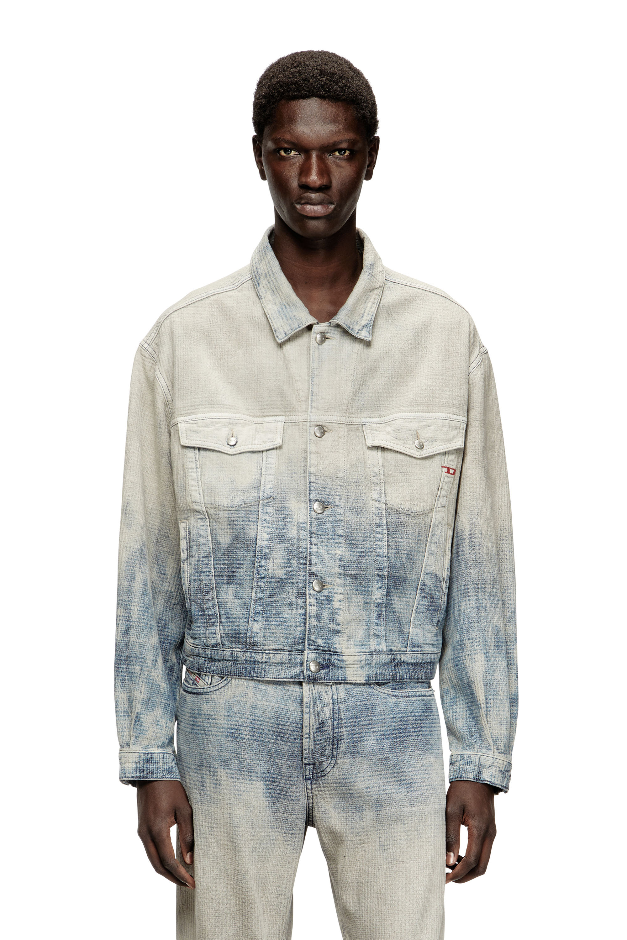 Diesel - D-RANGER, Unisex's Trucker jacket in Prince of Wales jacquard denim in Grey/Blue - 1