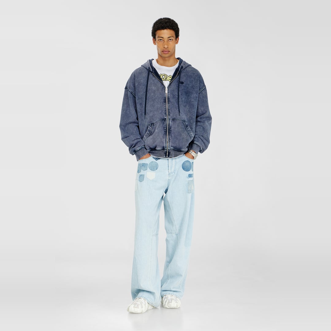Diesel - Zip-up hoodie in treated cotton fleece - Sweaters - Man - Blue