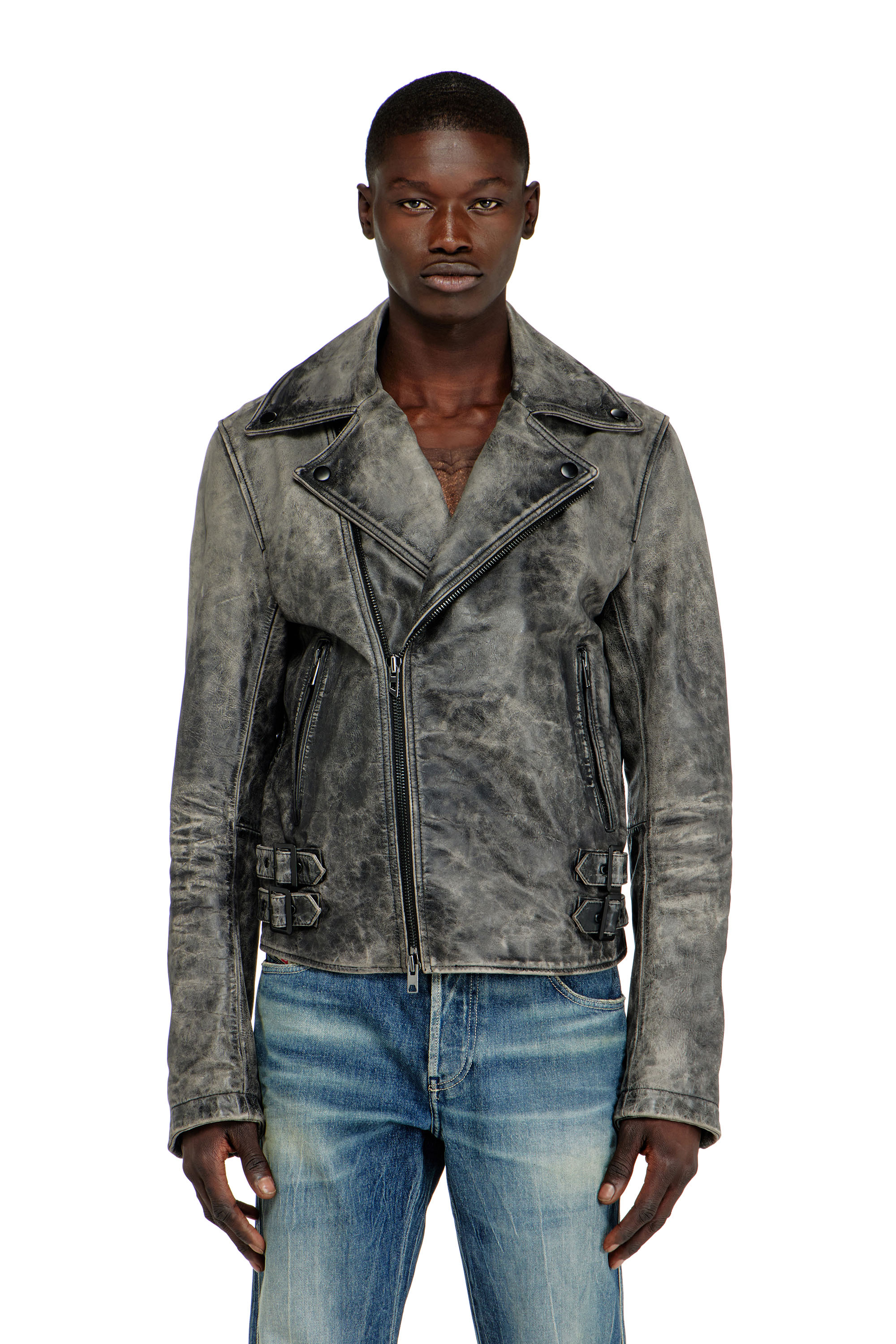 Diesel Homem Cinza - Biker Jacket In Treated Leather - Leather Jackets - Man Tamanho 52