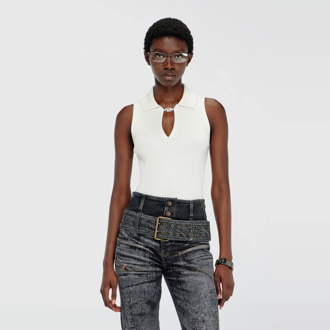 Diesel - Sleeveless rib-knit polo top in silk blend - T-Shirts - Woman - White