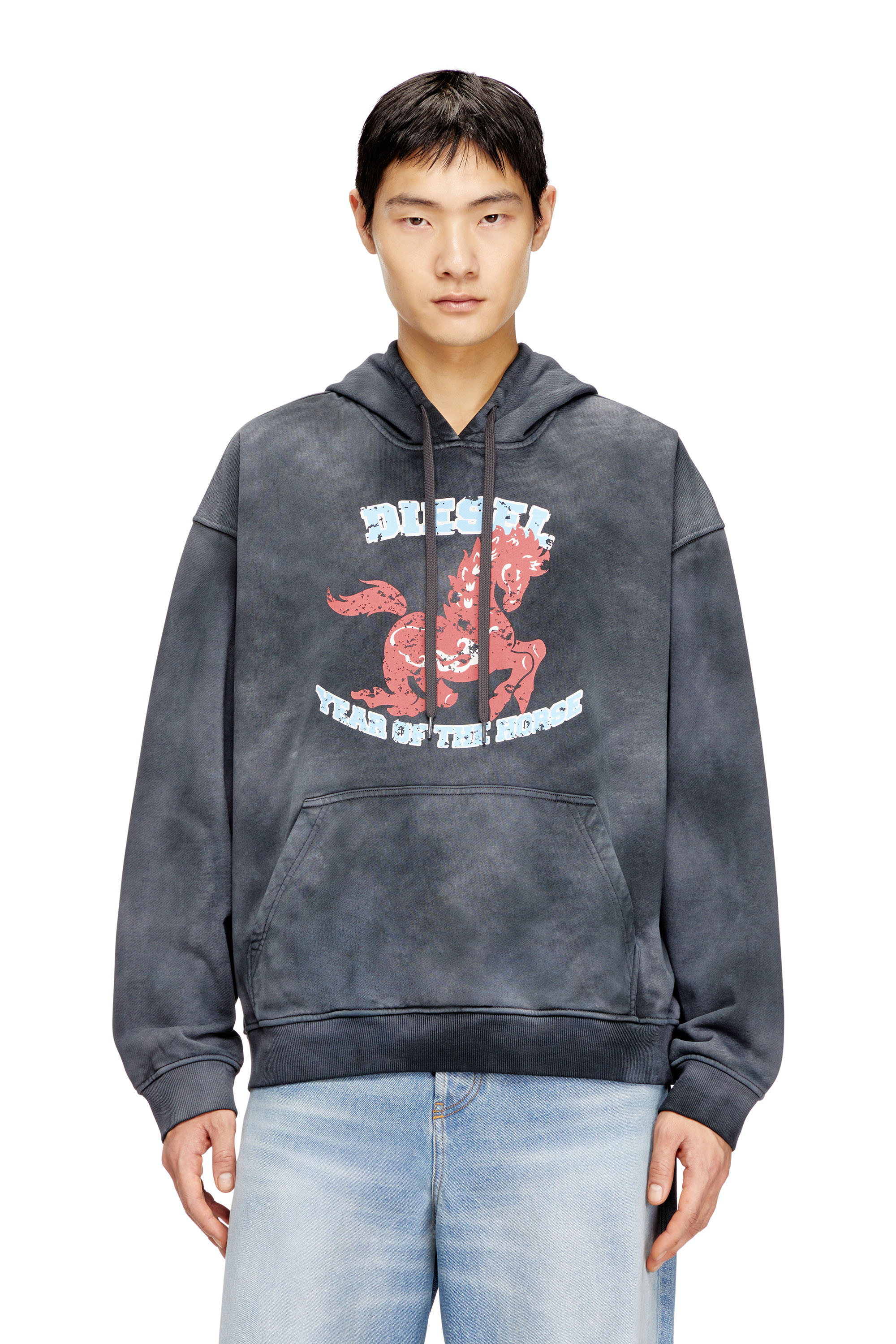 Diesel - CL-S-BOXT-HOOD-HORSE, Man's Hoodie tie-dye with horse graphic print in Grey - 2