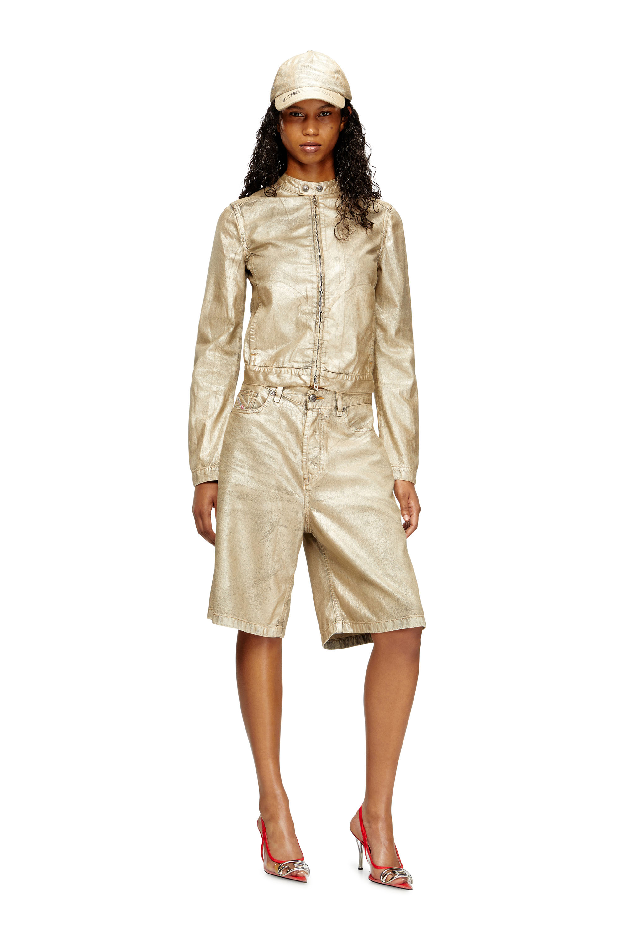 Diesel - Dile_Luna Jacket, Woman's Moto jacket in distressed metallic denim in Gold - 2