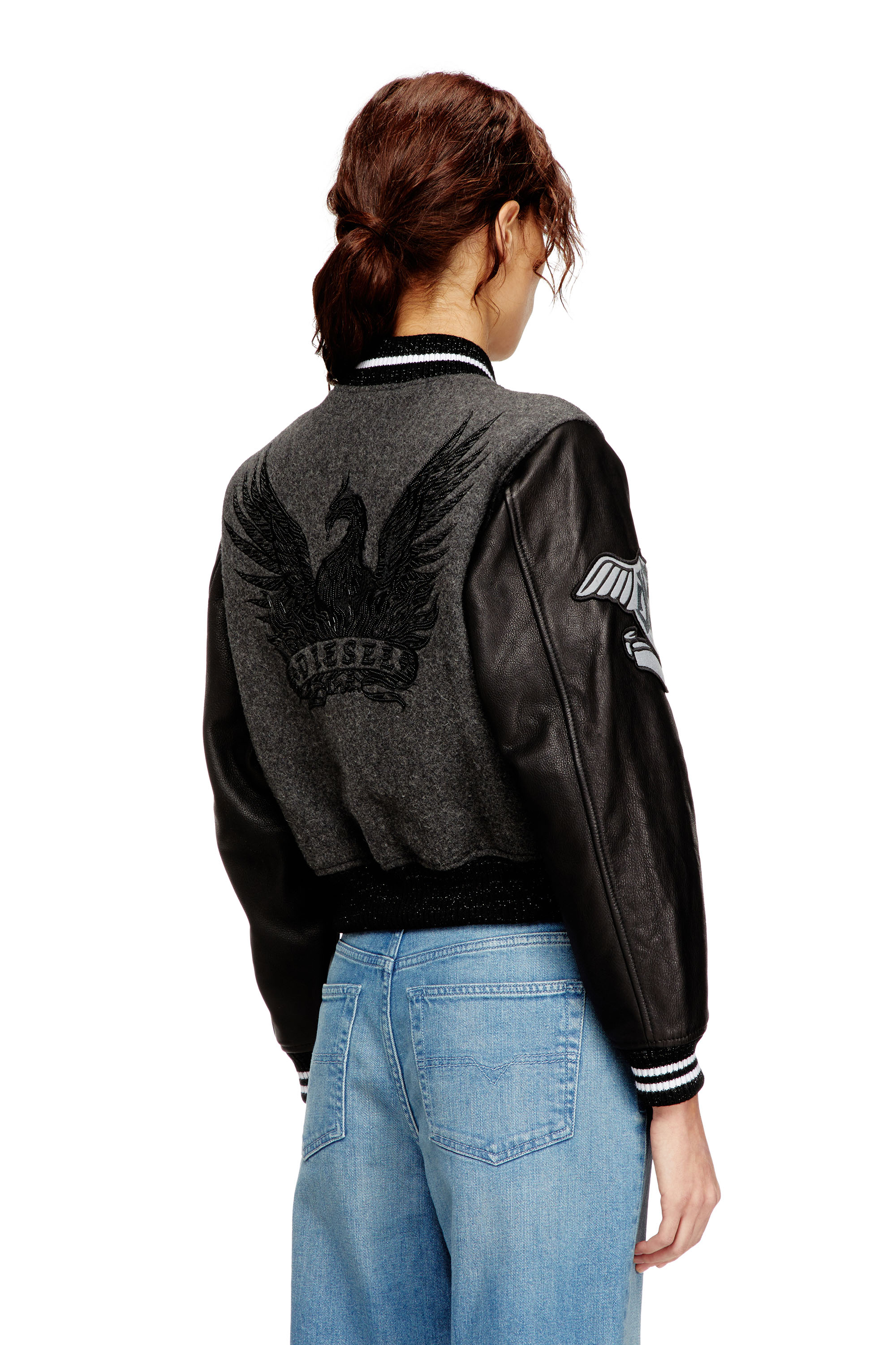 Diesel - L-REAL-CP, Woman's Cropped varsity jacket in wool and leather in Black/Grey - 4