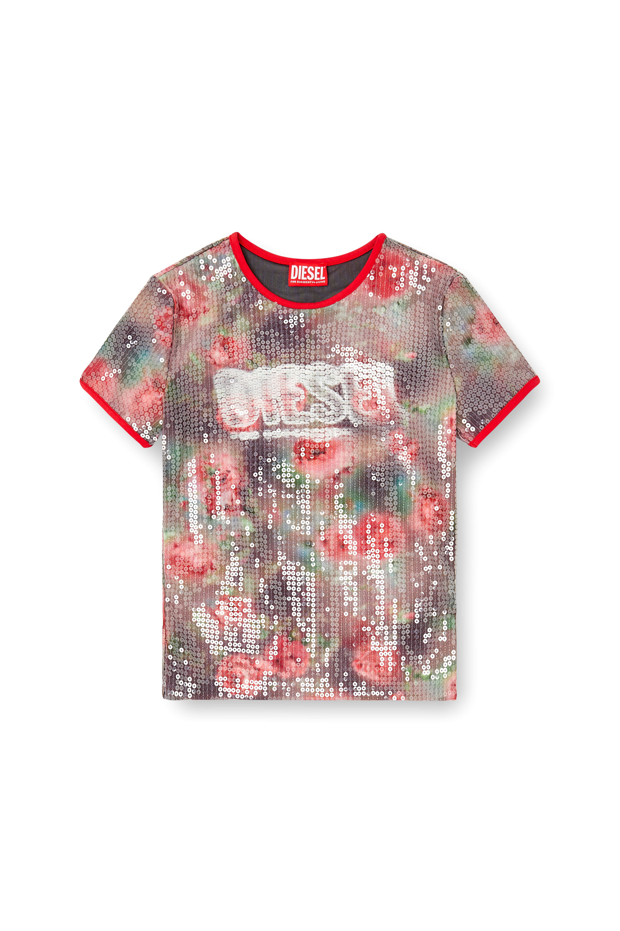 Diesel - T-UNKYEL, Woman's Skinny floral print jersey top with sequins in Brown/Green - 3