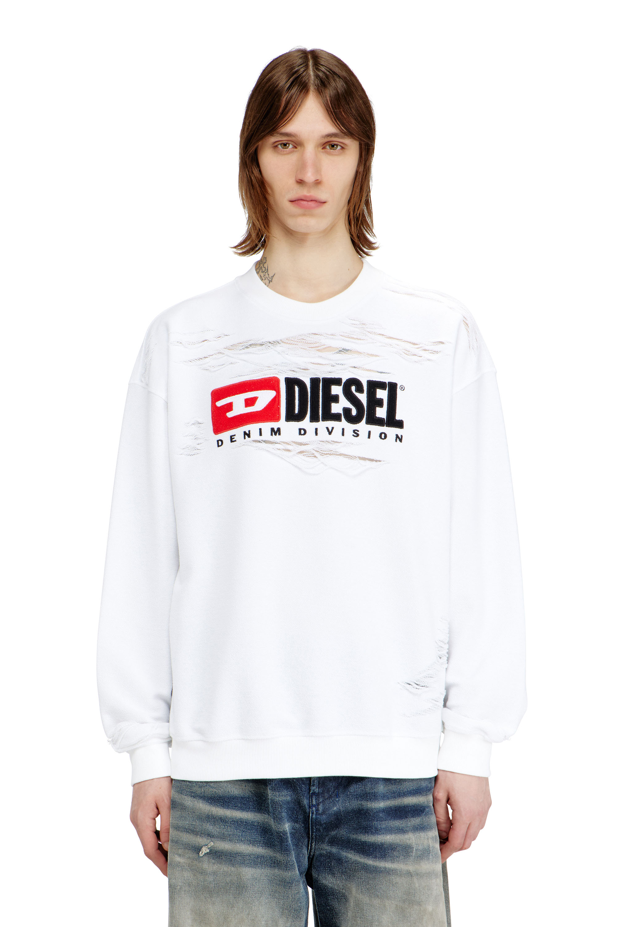 Diesel Miesten Valkoinen - Sweatshirt With Devorèe Floating Threads - Sweaters - Man Extra Pieni