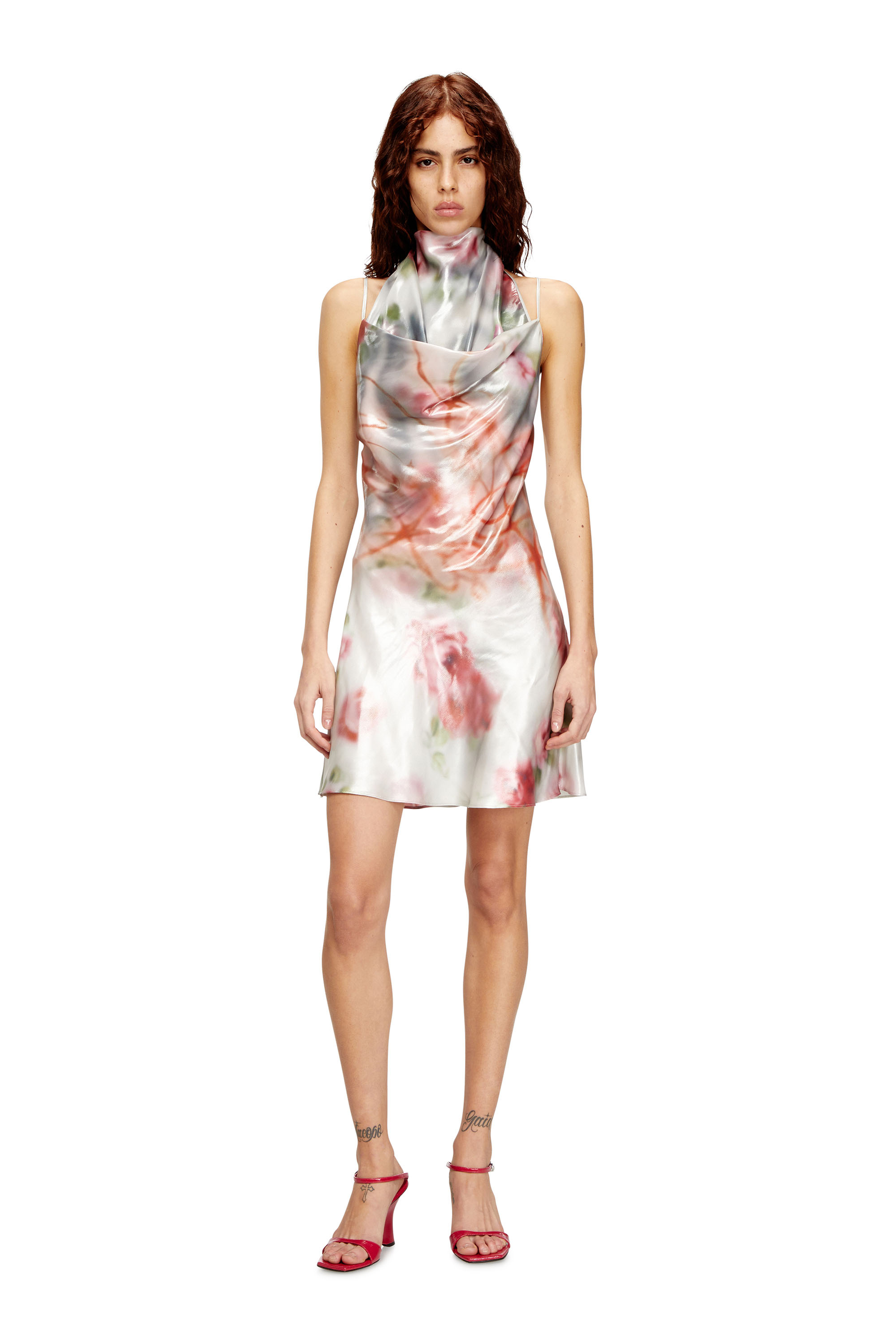 Diesel - D-EBRA-SHORT, Woman's Metallic short dress with blurred rose print in Grey/Pink - 3