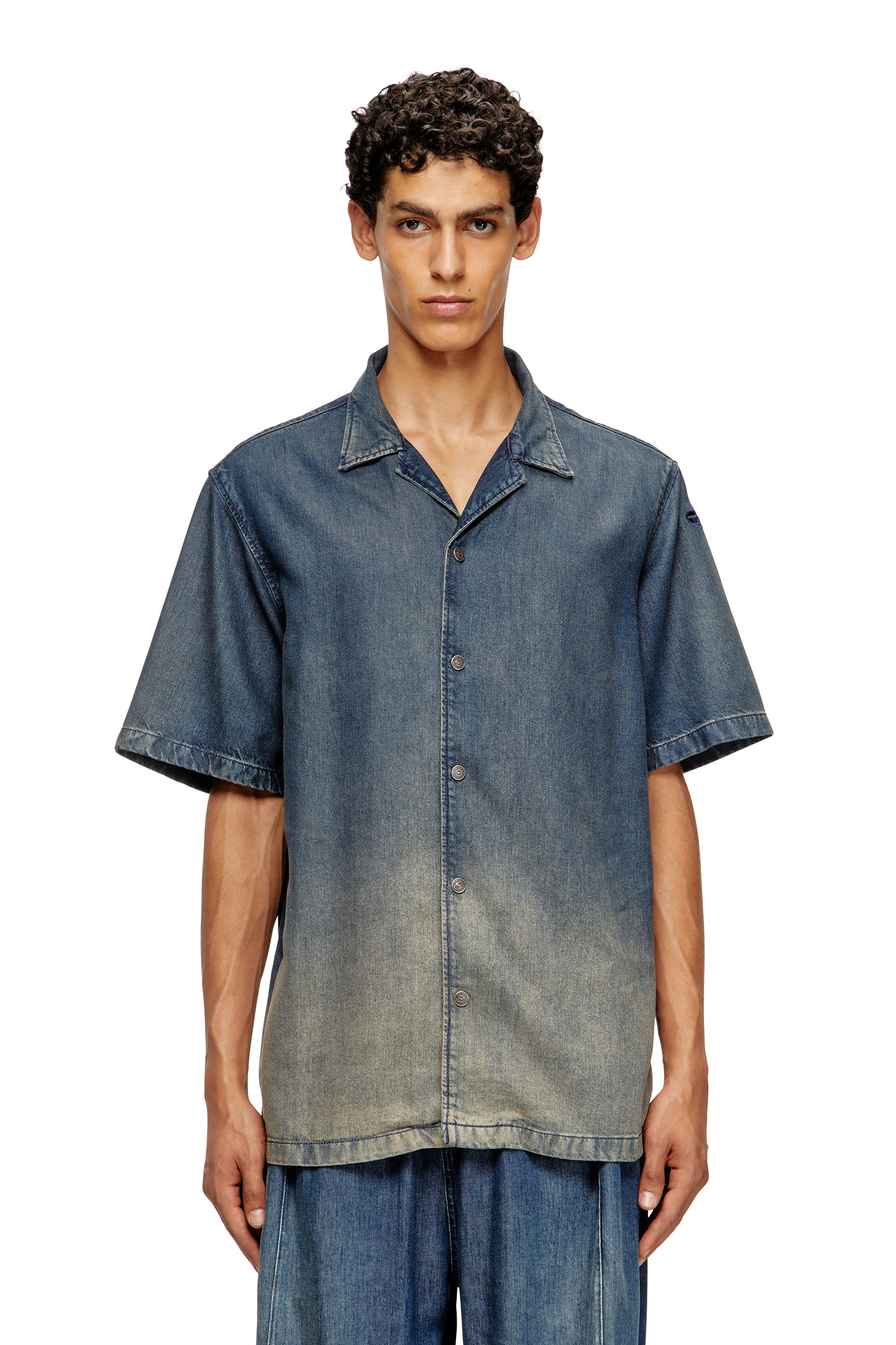 Diesel - D-NABIL-S3, Man's Bowling shirt in gradient fluid denim in Dark Blue - 1