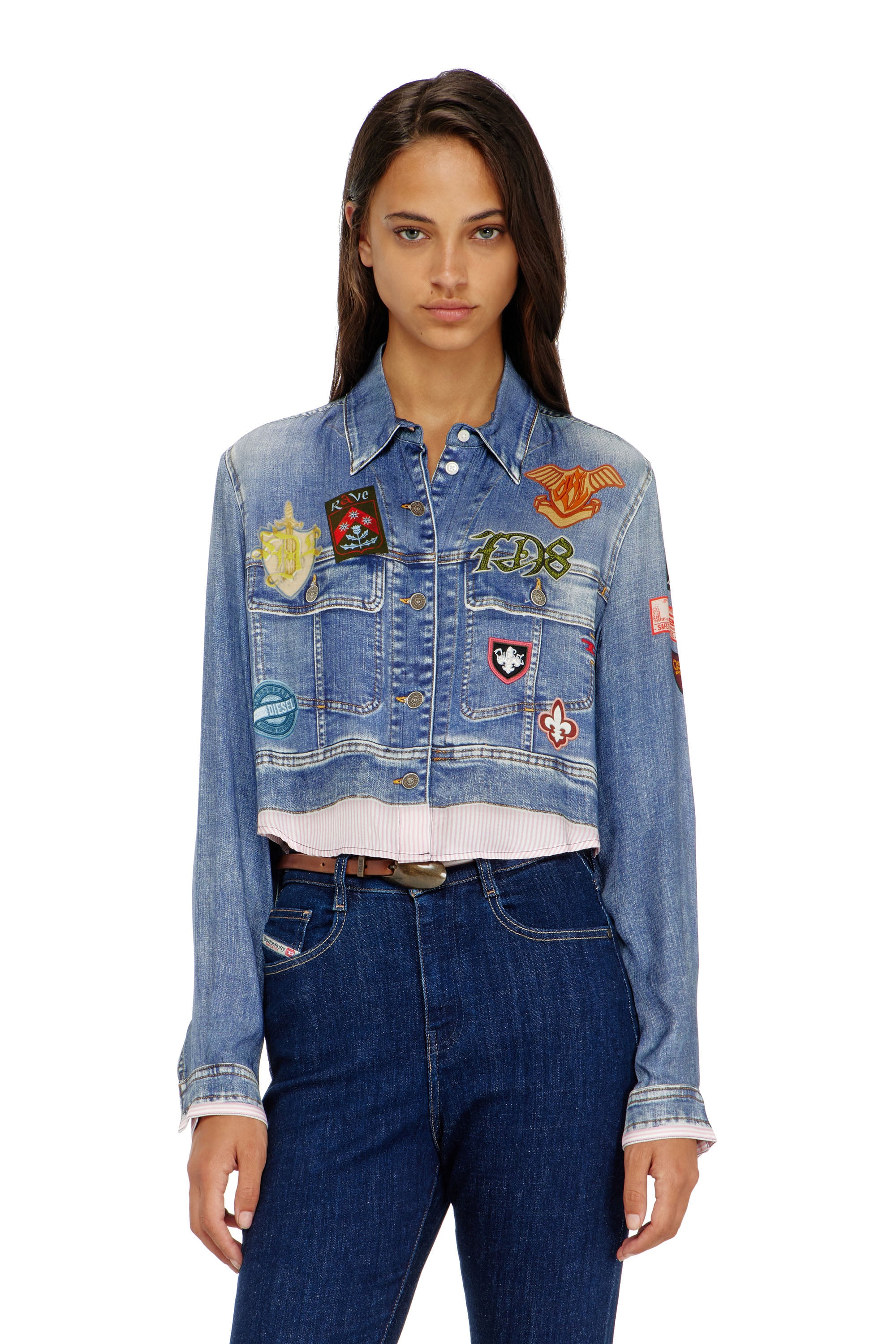 Diesel - Cropped satin shirt with trompe-l'oeil denim print - Shirts - Woman - Blue