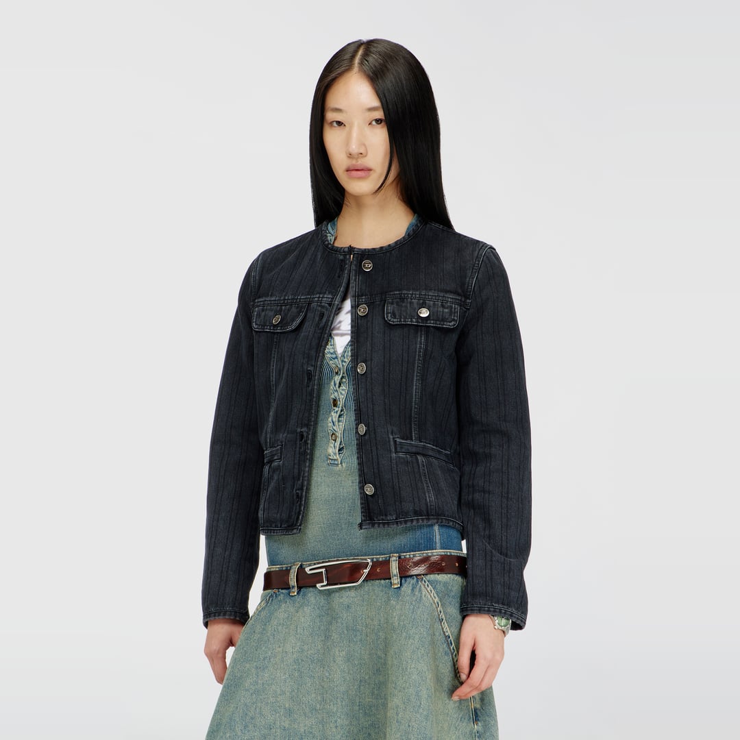 Diesel - Collarless jacket in pinstripe denim - Denim Jackets - Woman - Black