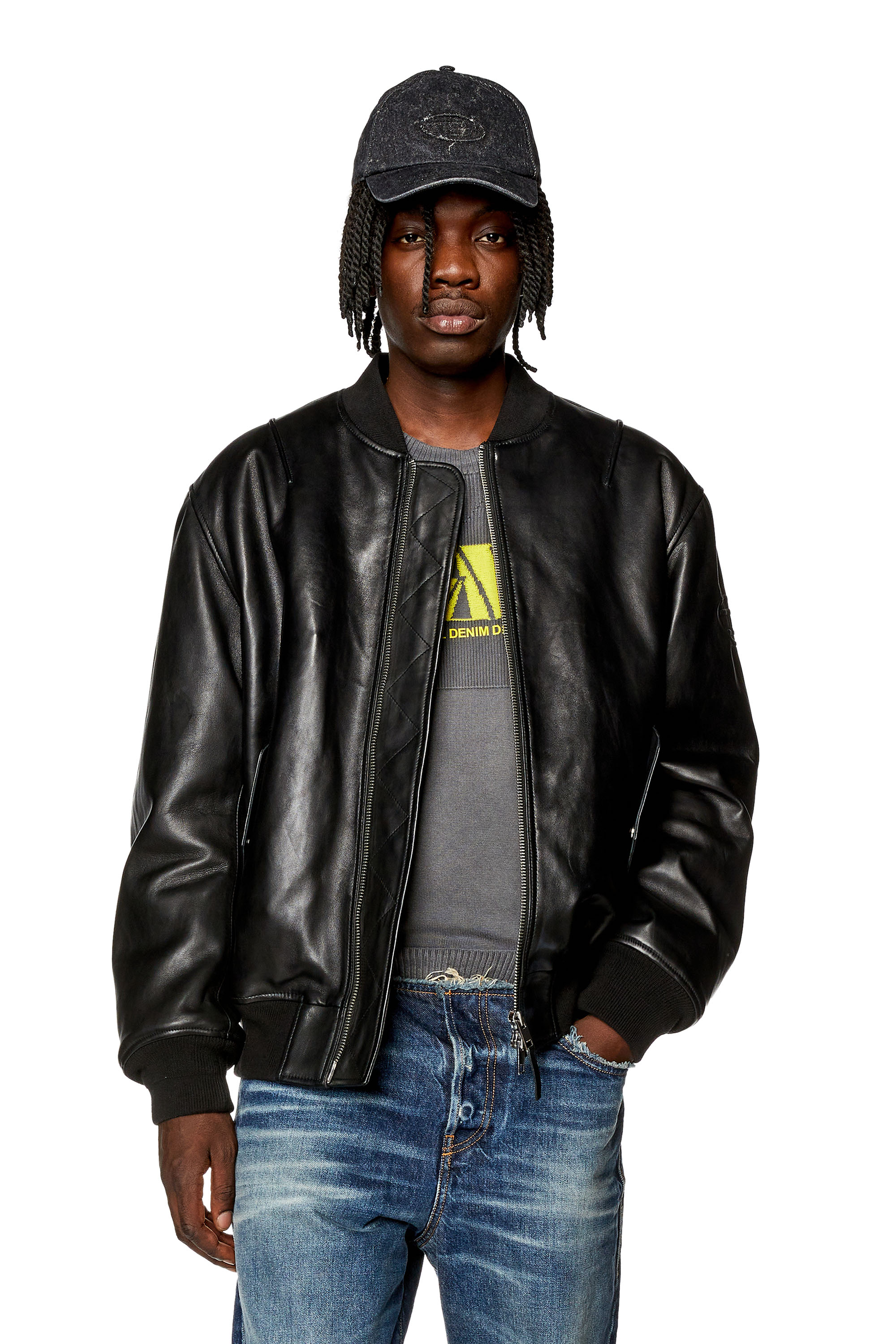 Diesel - Padded jacket in tumbled leather - Leather jackets - Man - Black