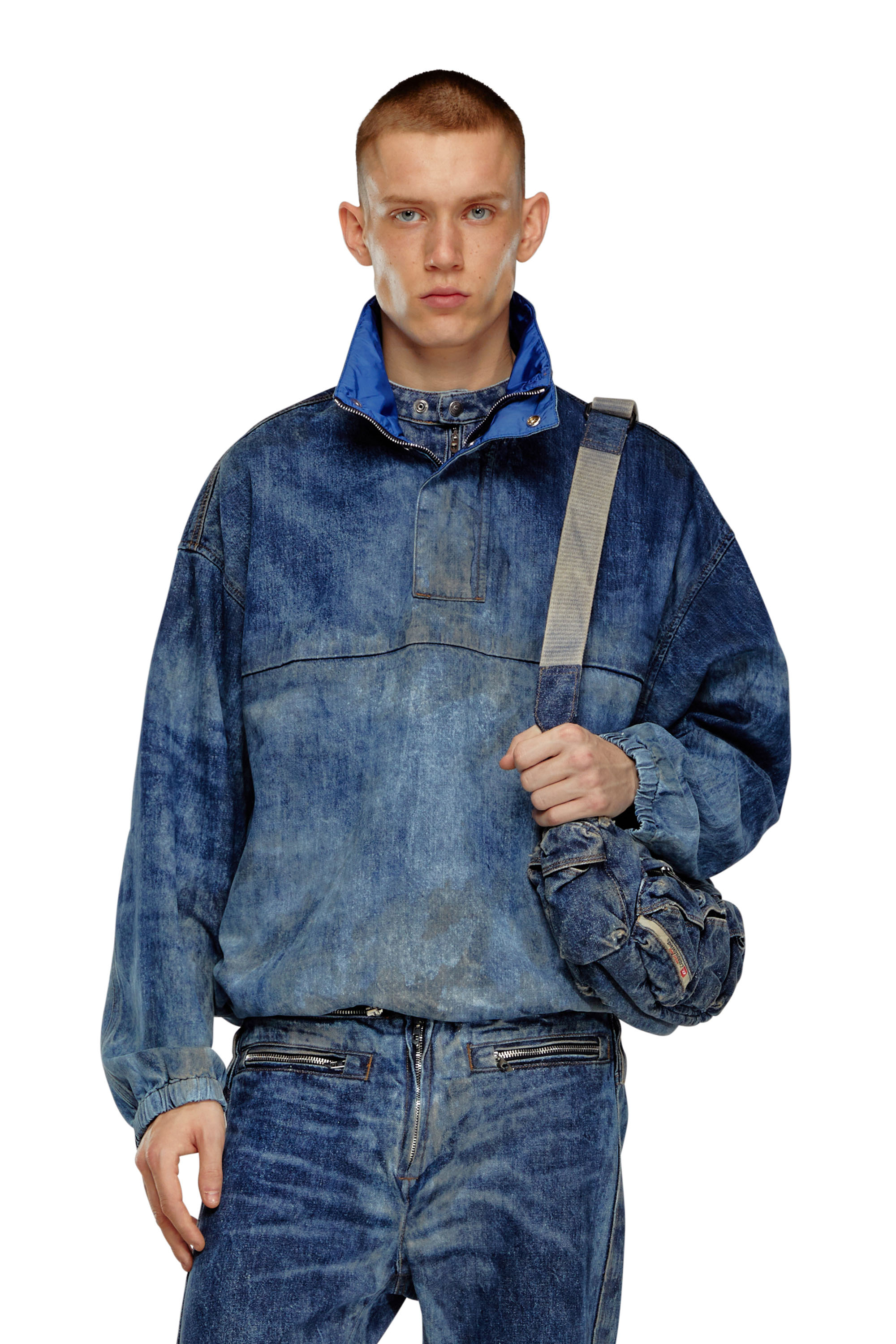 Diesel - Pullover jacket in dirt-effect denim - T-Shirts - Man - Blue