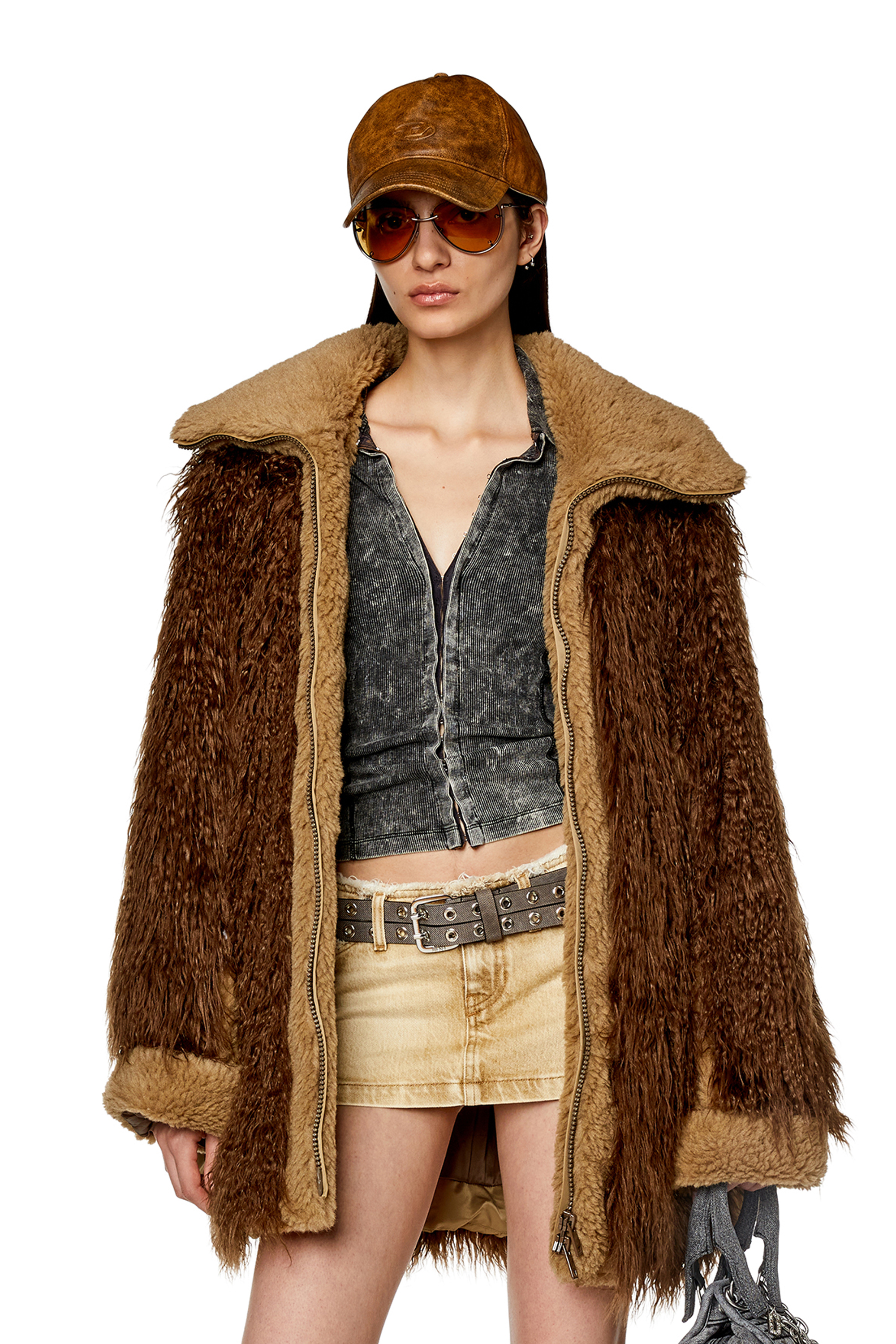 Diesel - Giacca shaggy con pannelli in teddy - Giacche invernali - Donna - Marrone