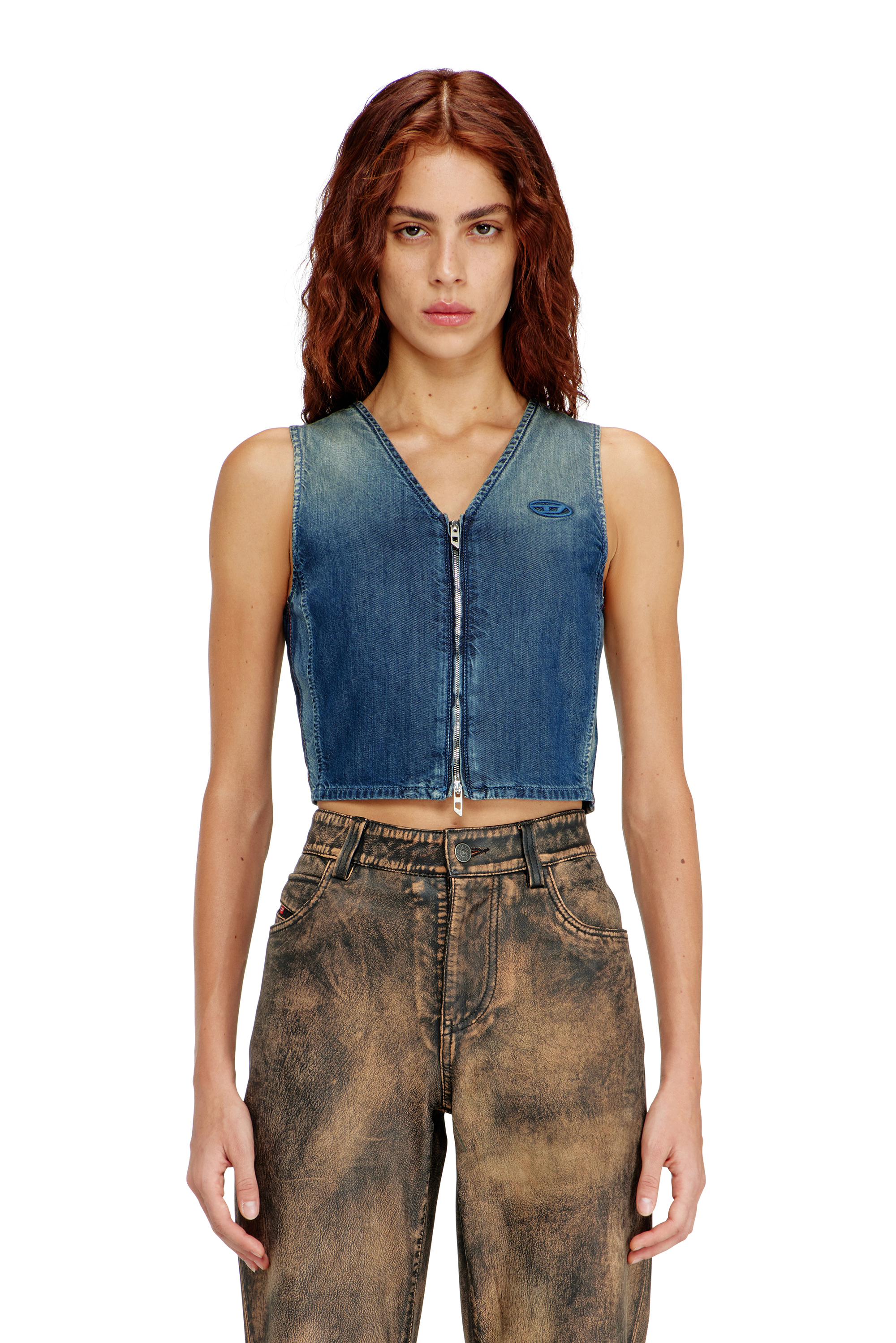 Diesel Women's Blue - Cropped Denim Top With Front Zip - Tops - Woman Medium
