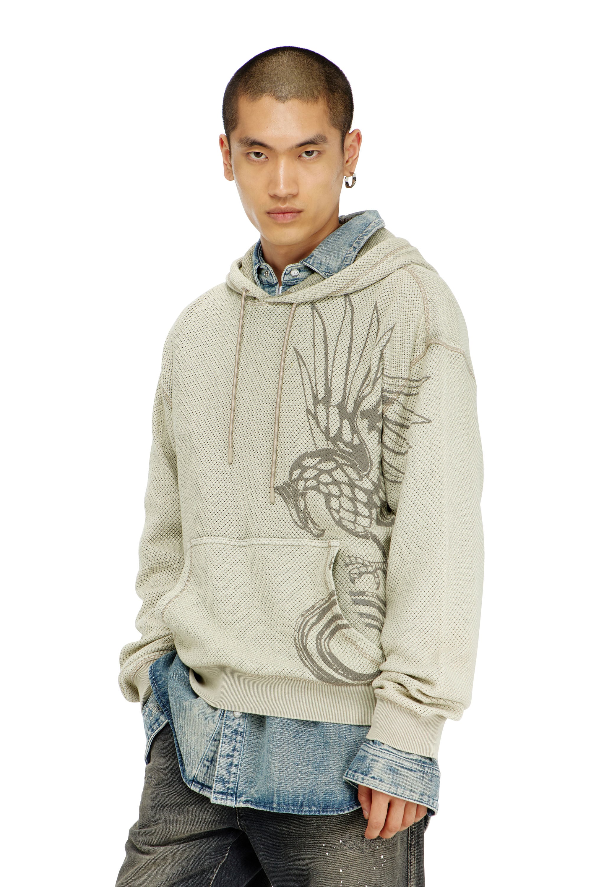 Diesel - Hoodie in textured cotton mesh - Sweaters - Man - Beige