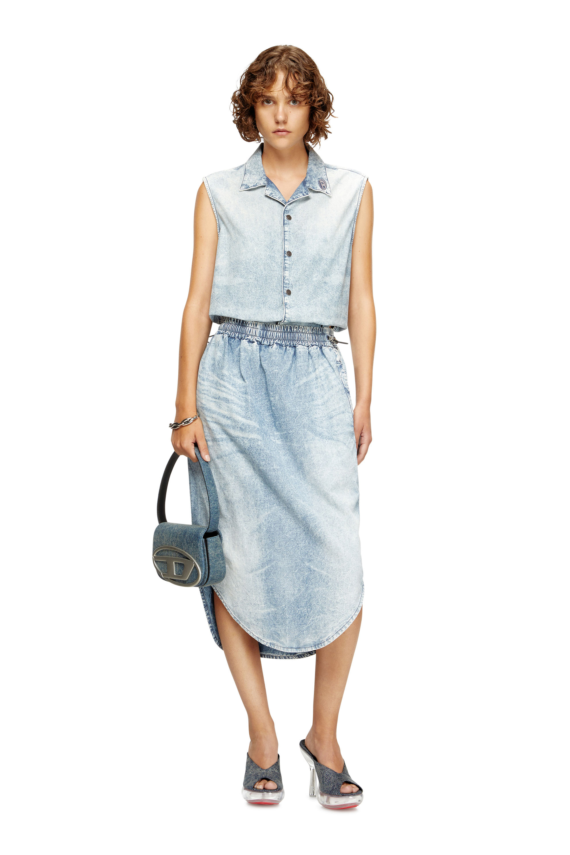 Diesel - DE-ASHLEY-S, Woman's Midi skirt in marbled denim in Light Blue - 2