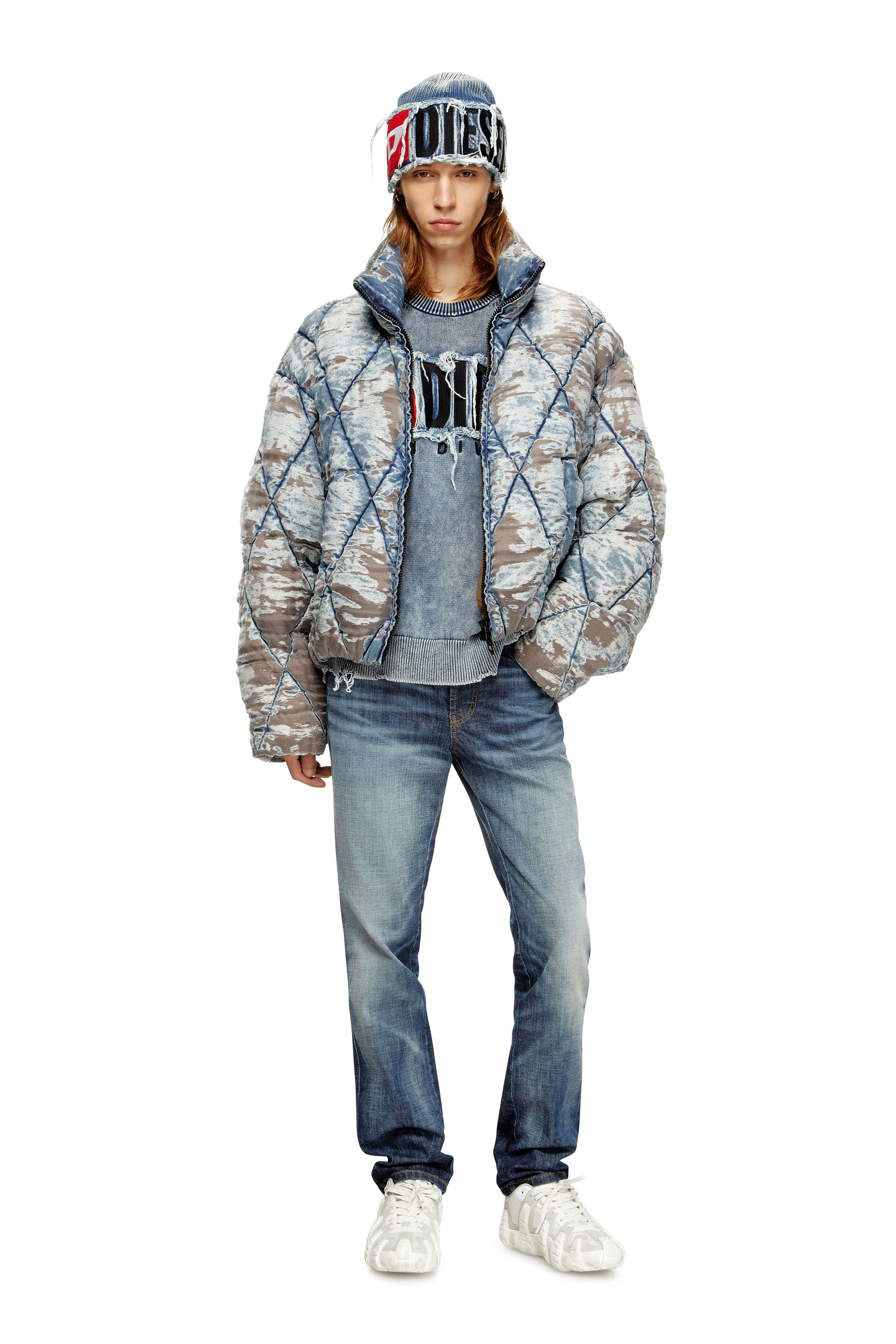 Diesel - W-KONS, Man's Padded jacket in argyle-quilted devoré denim in Light Blue - 2