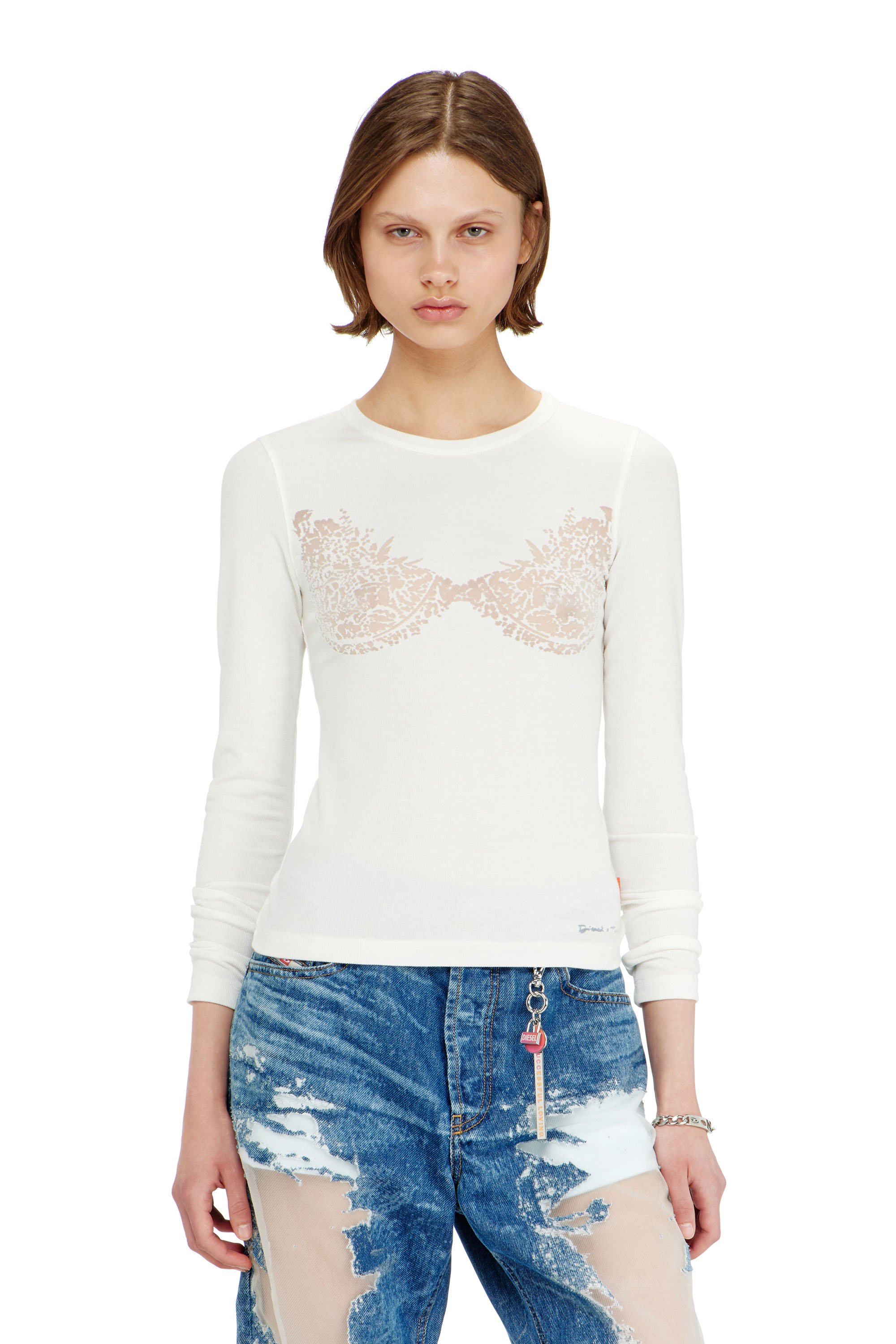 Diesel Women's White - Top With Devoré Lace Effect - T-Shirts - Woman Extra Large