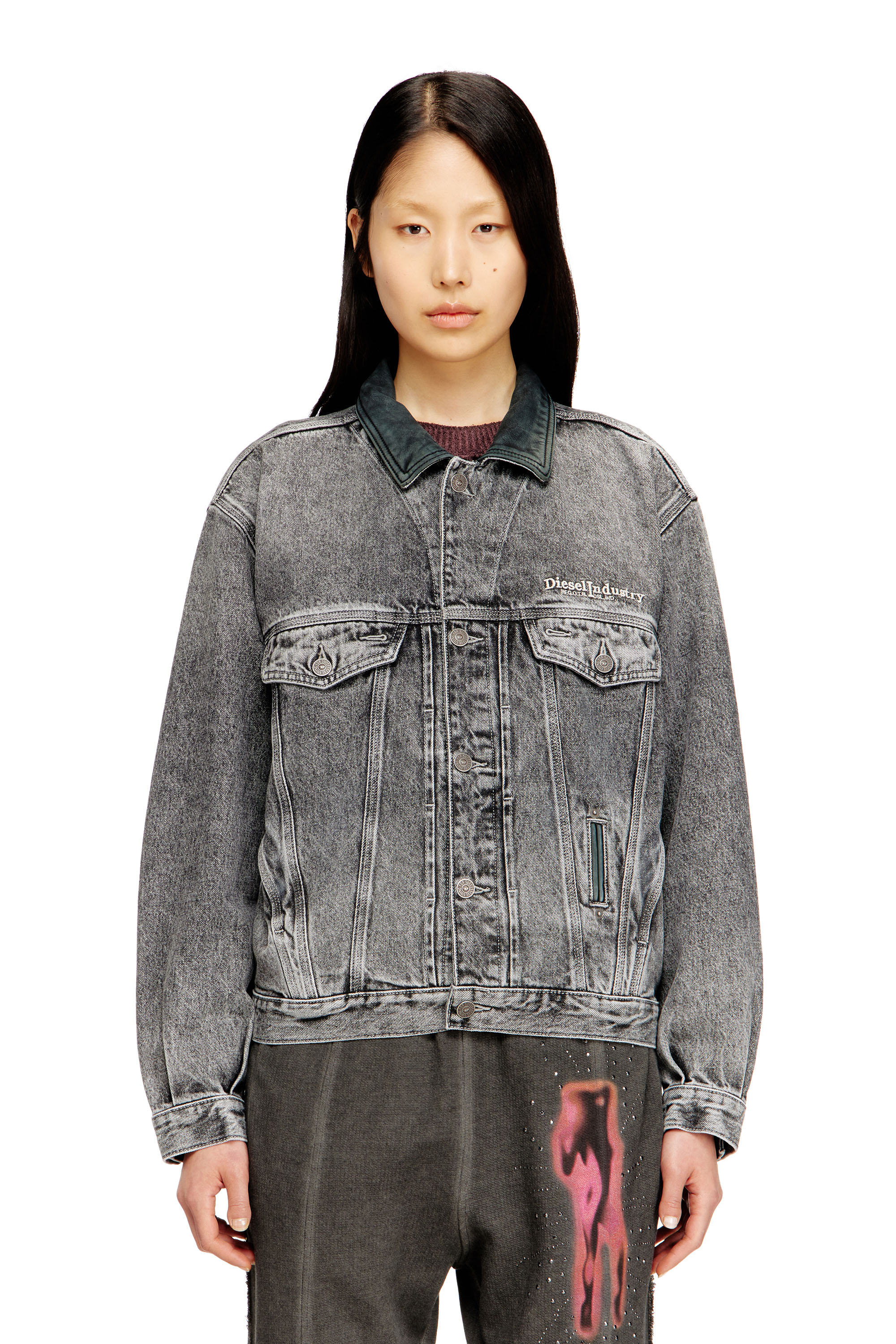 Diesel - D-DENVER-S, Unisex's Denim trucker jacket with tonal leather trims in null - 2