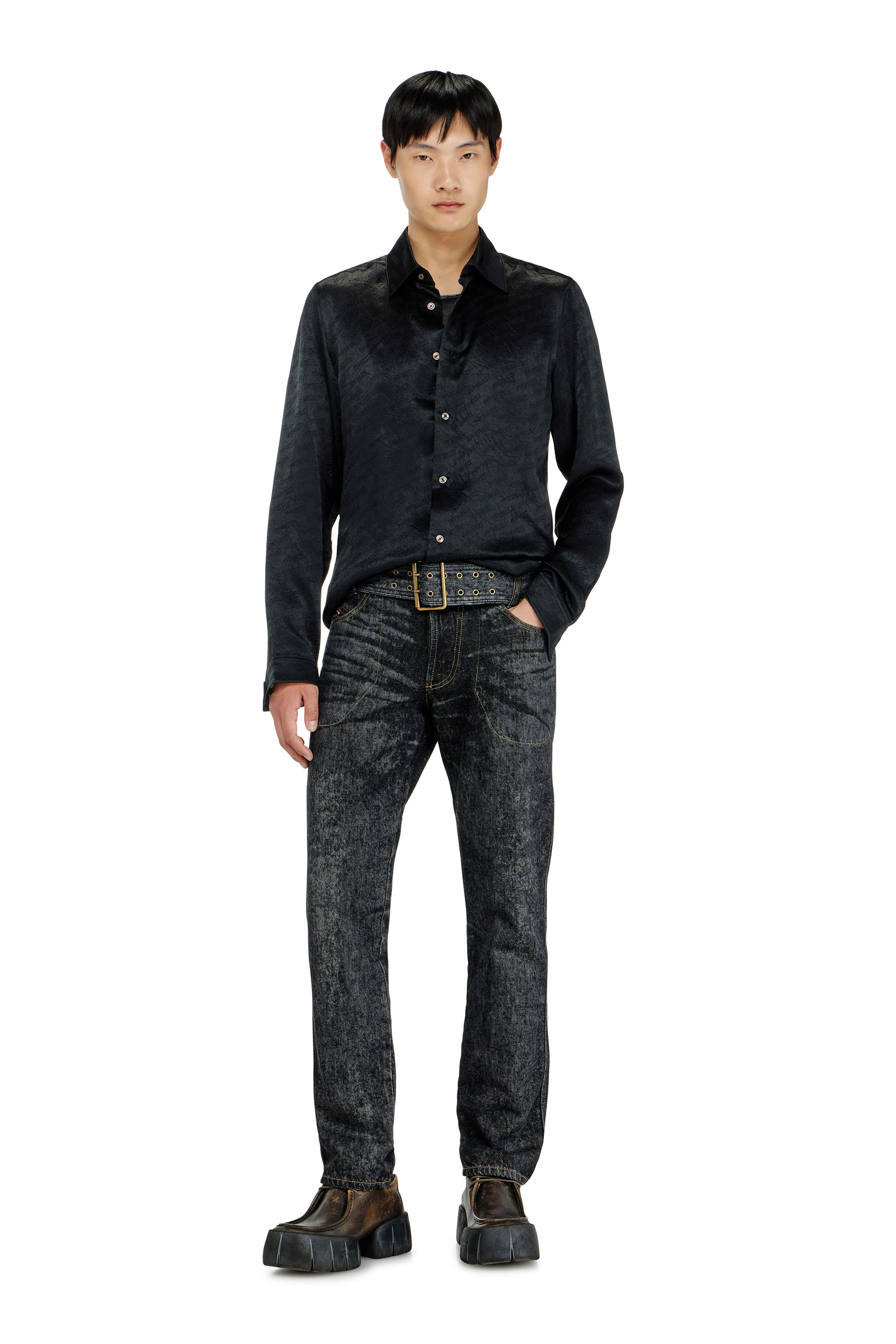 Diesel - S-KINNY-EFBZ, Man's Shirt in logo-jacquard crinkled satin in Black - 2
