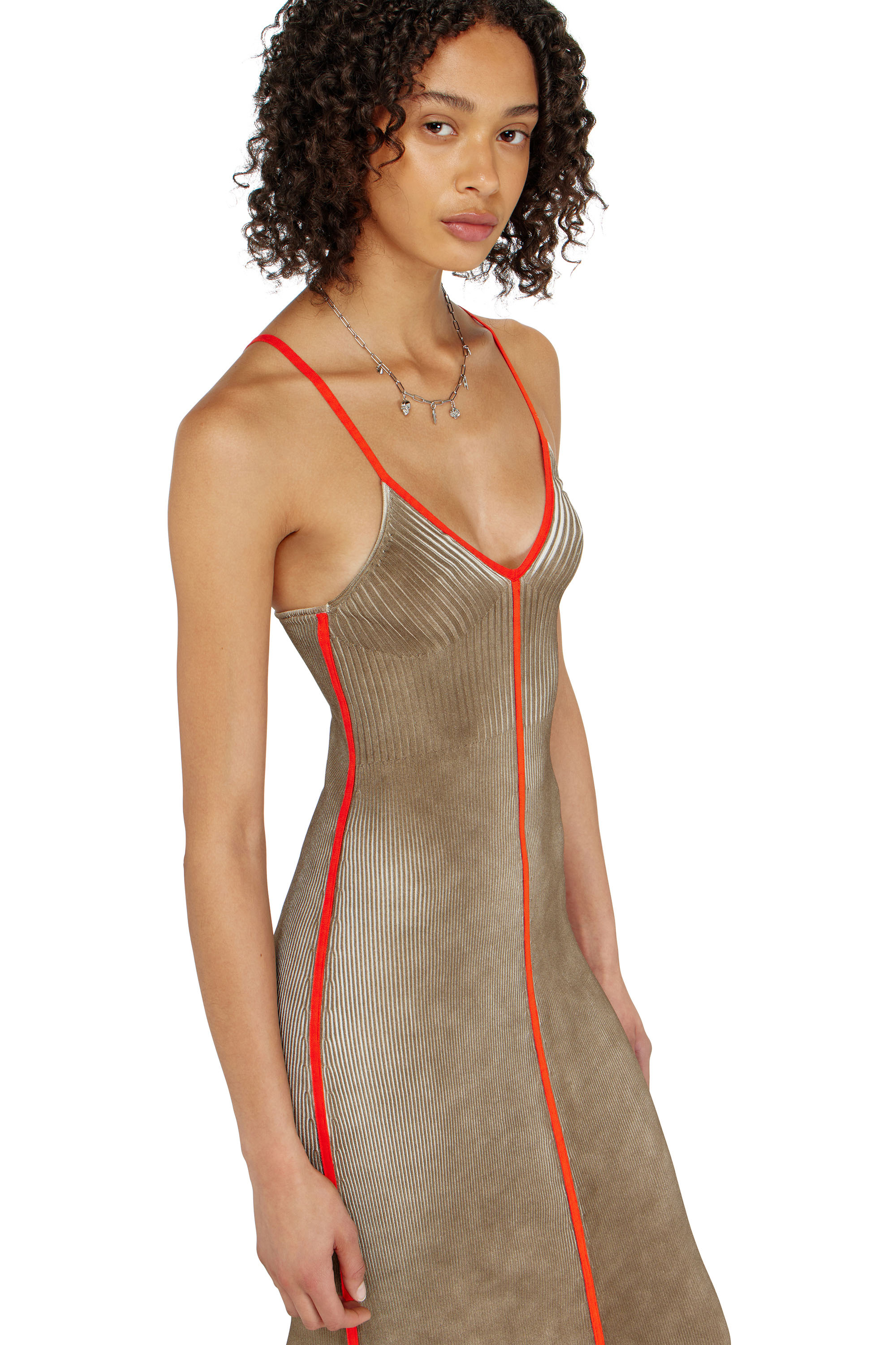 Diesel - M-SARMELA, Woman's Rib-knit midi cami dress with contrast bands in Red/Brown - 5