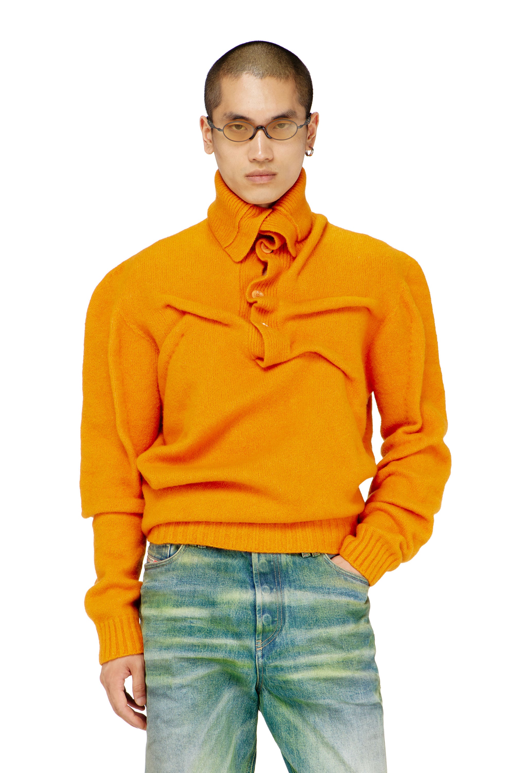 Diesel - Button-neck jumper in wrinkled boiled knit - Knitwear - Man - Orange