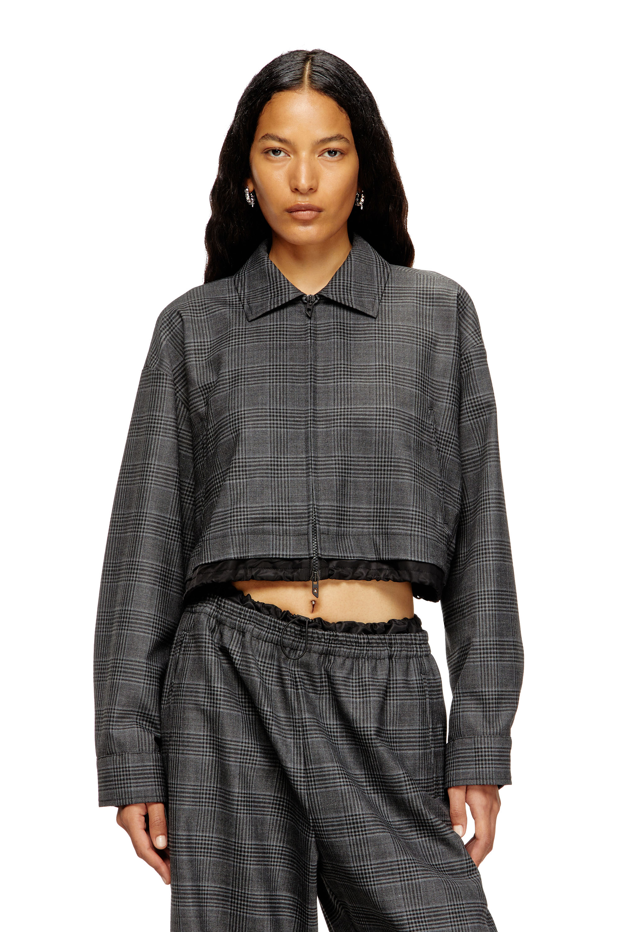 Diesel Cropped Prince Of Wales Wool-blend Coach Jacket In Gray