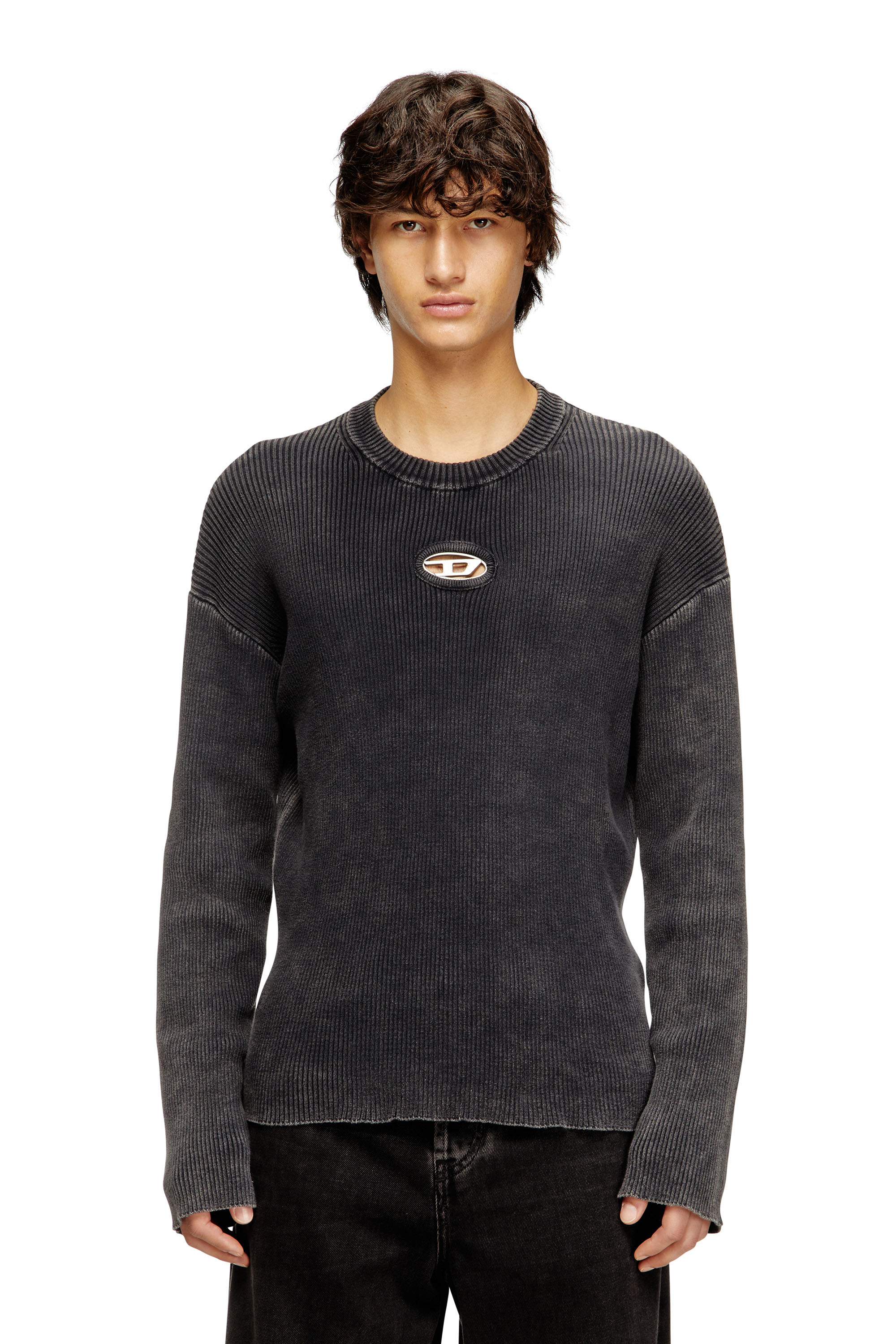Diesel - Cut-out ribbed jumper with Oval D plaque - Knitwear - Man - Grey