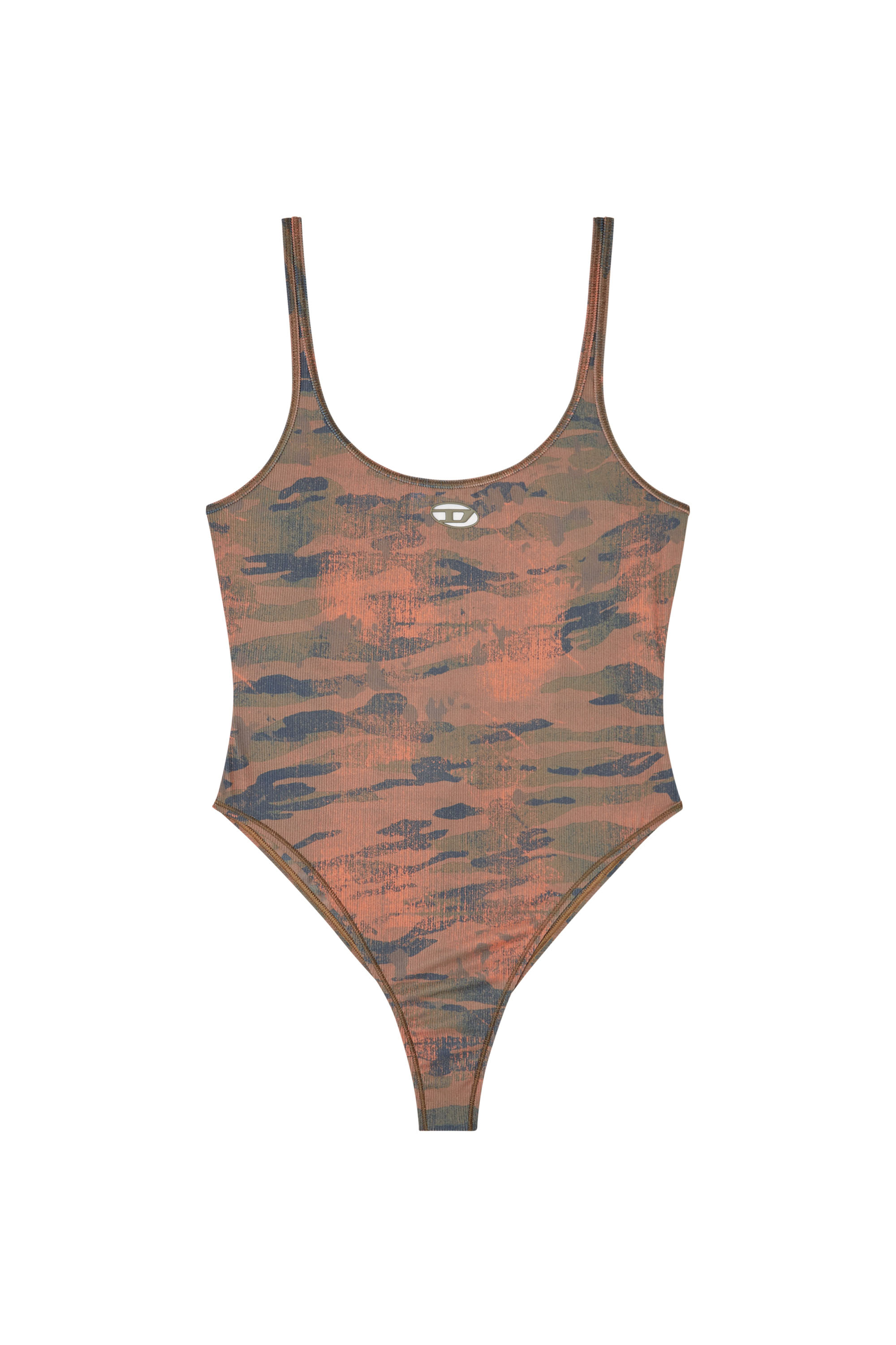 Diesel - UT-BODY-UTLT, Woman's Camo swimsuit with cut-out logo in Brown - 3