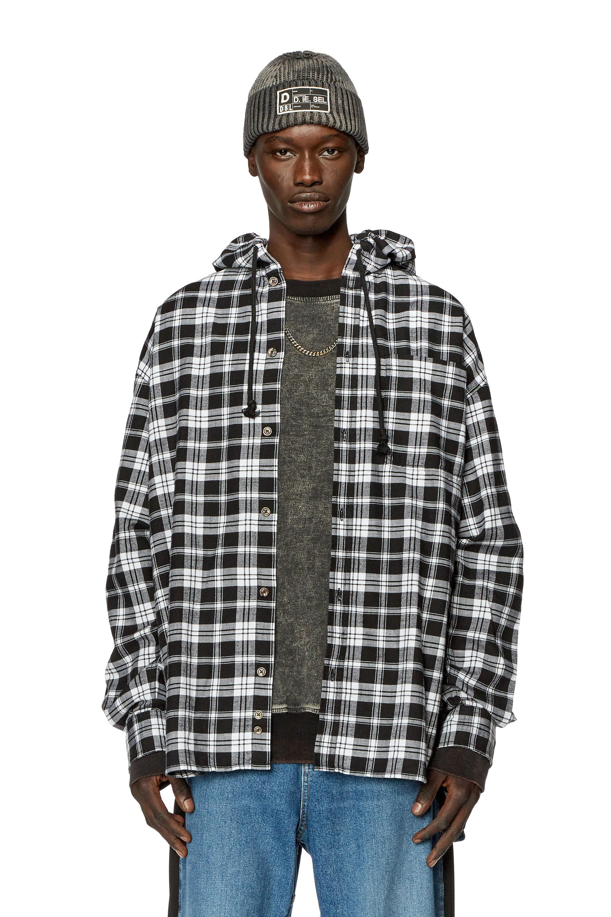 Diesel - Oversized hooded shirt in tactile flannel - Shirts - Man - Multicolor