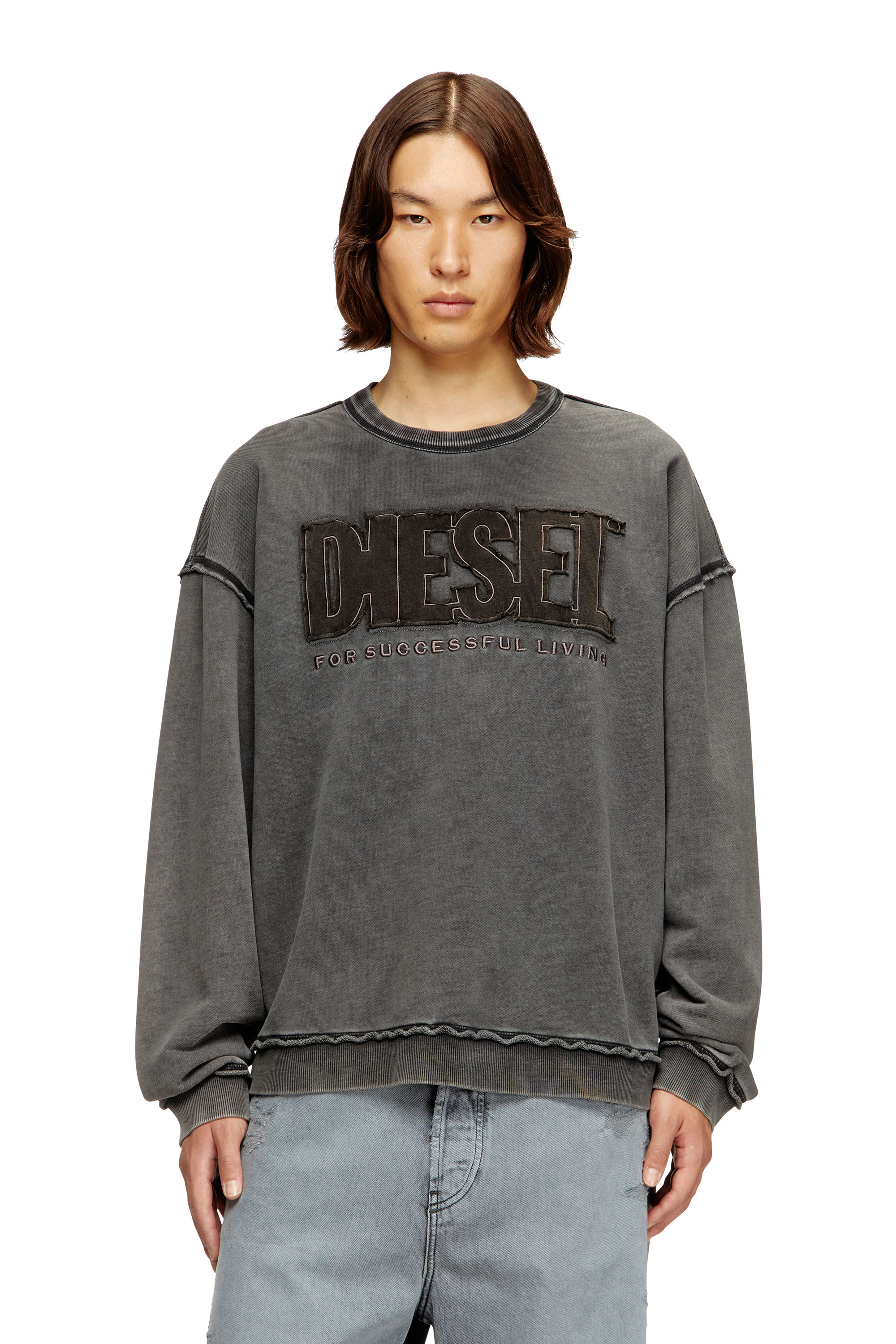 Diesel Mužský Šedý - Cotton Sweatshirt With Appliqué Logo - Sweaters - Man Veľký