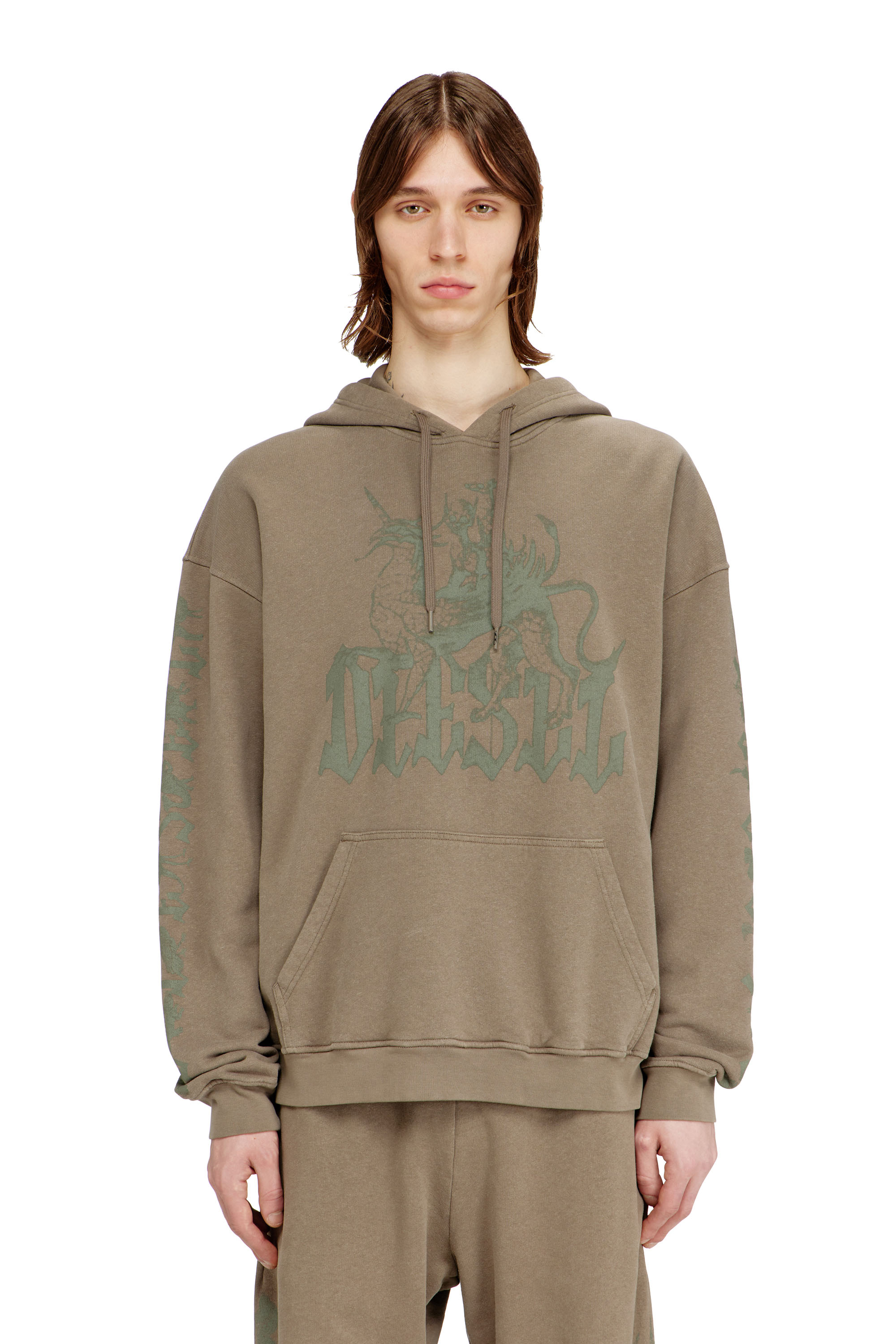 Diesel Mužský Hnedý - Treated Hoodie With Griffin Print - Sweaters - Man Malý
