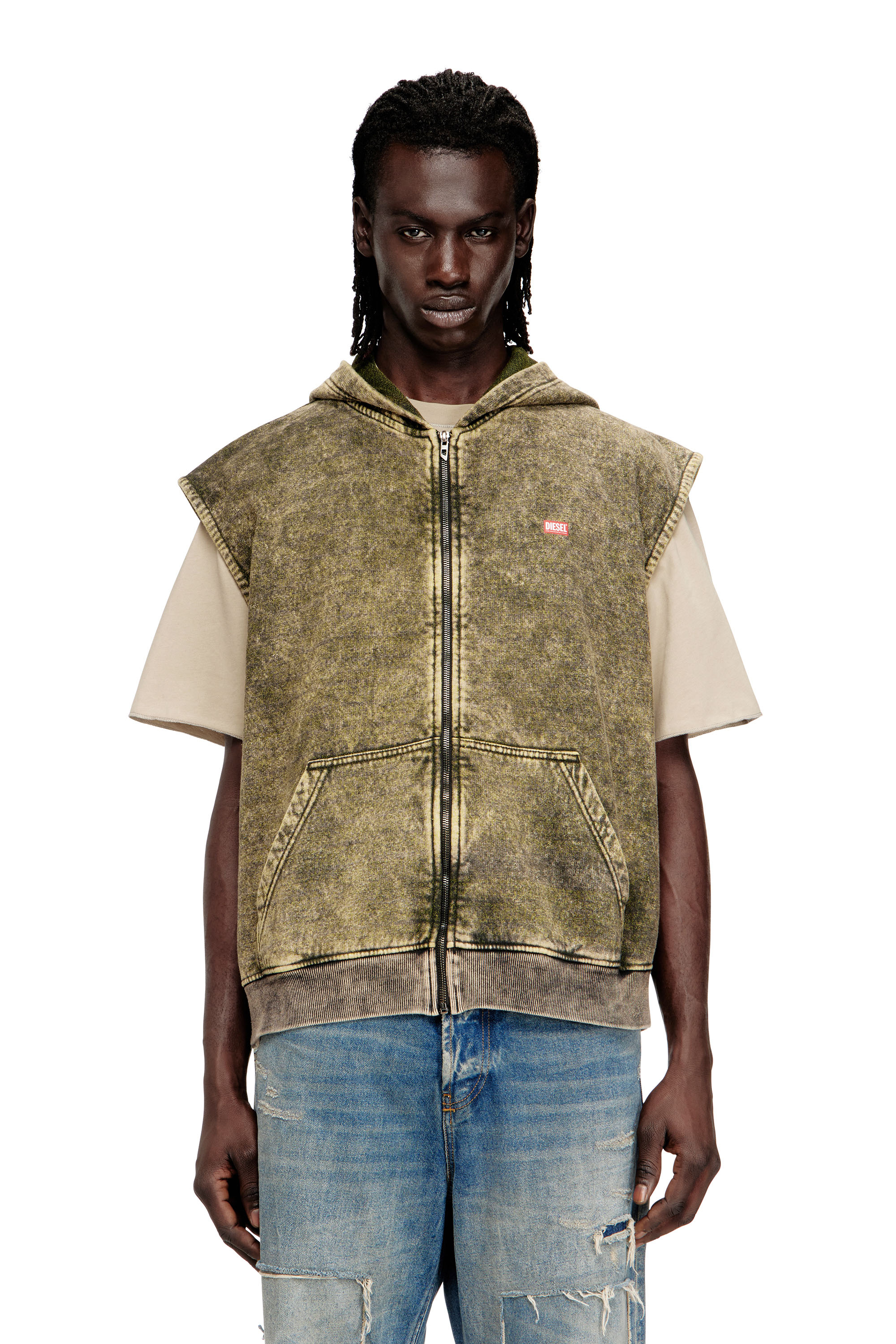 Diesel - S-BOXT-SL-ZIP, Man's Hoodie with acid wash and Diesel logo in Light Brown - 1