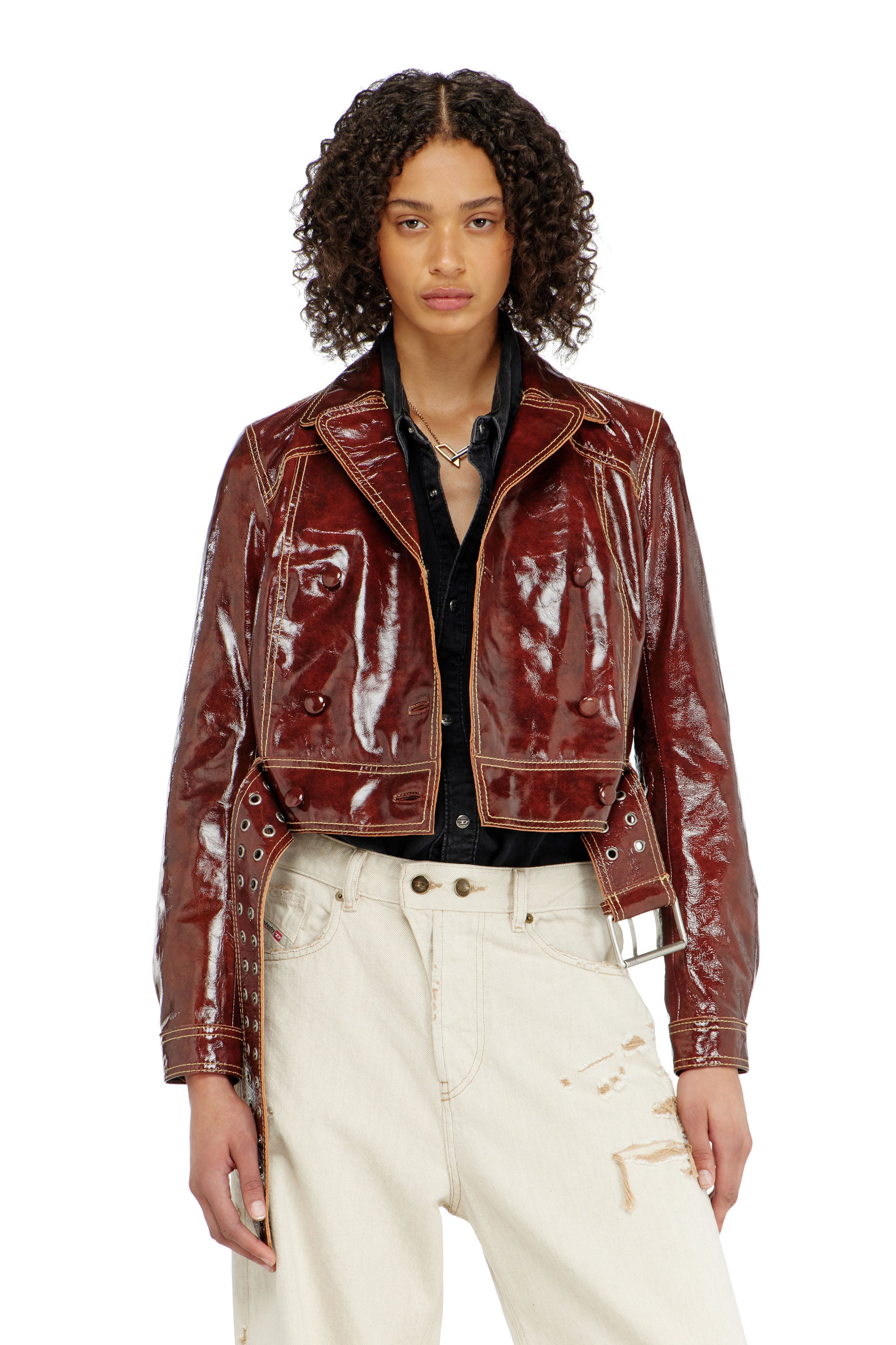 Diesel - Patent-leather jacket with large belt - Leather jackets - Woman - Red