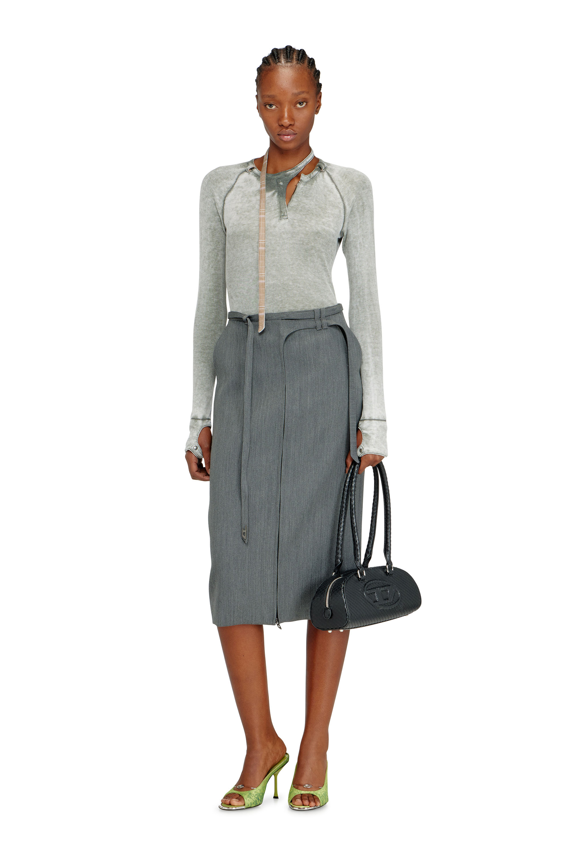 Diesel - O-RICE, Woman's Tailored midi pencil skirt with biker straps in Grey - 1