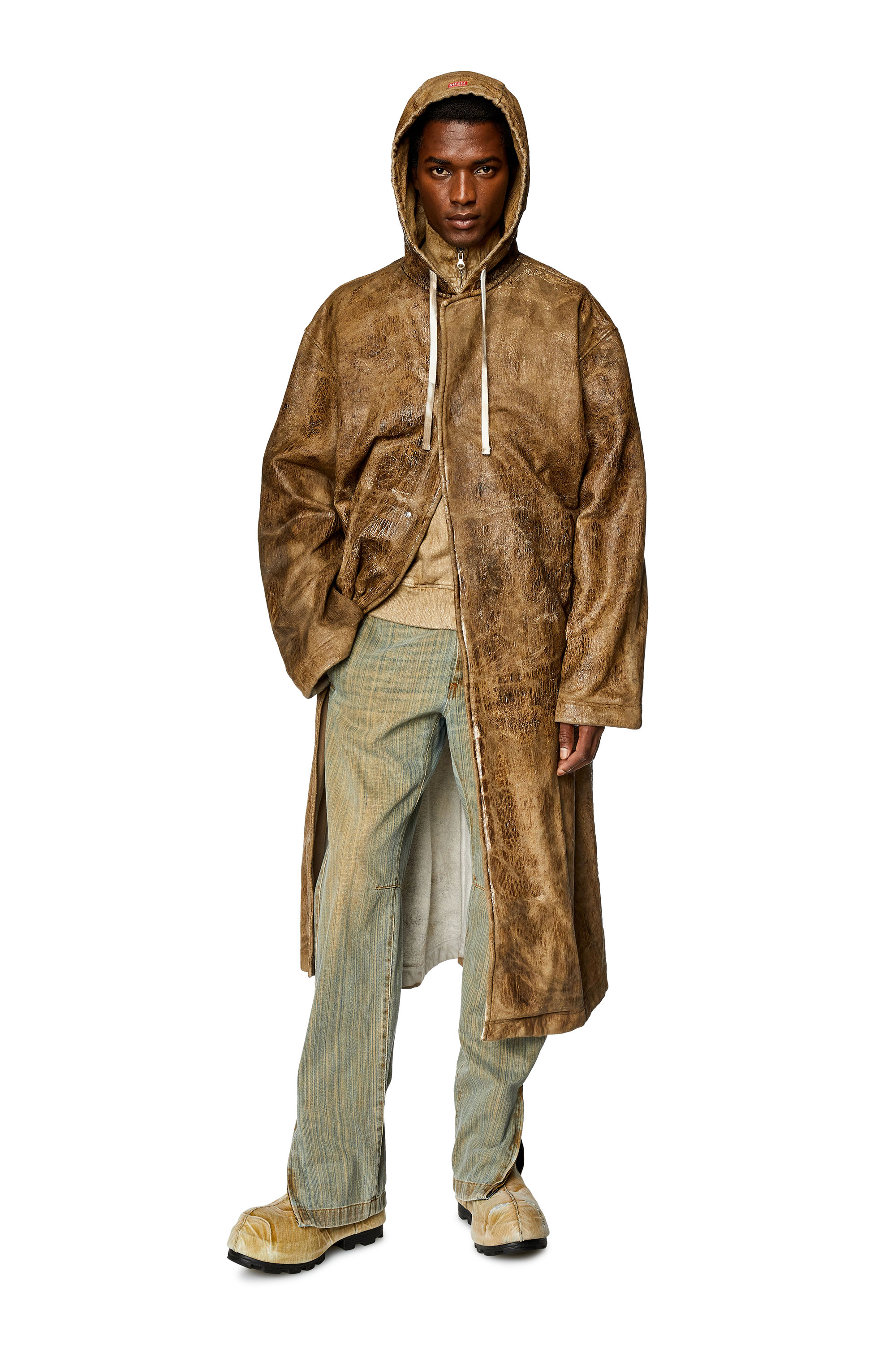 Diesel - Manteau extra long à capuche en jersey traité - Vestes - Homme - Marron