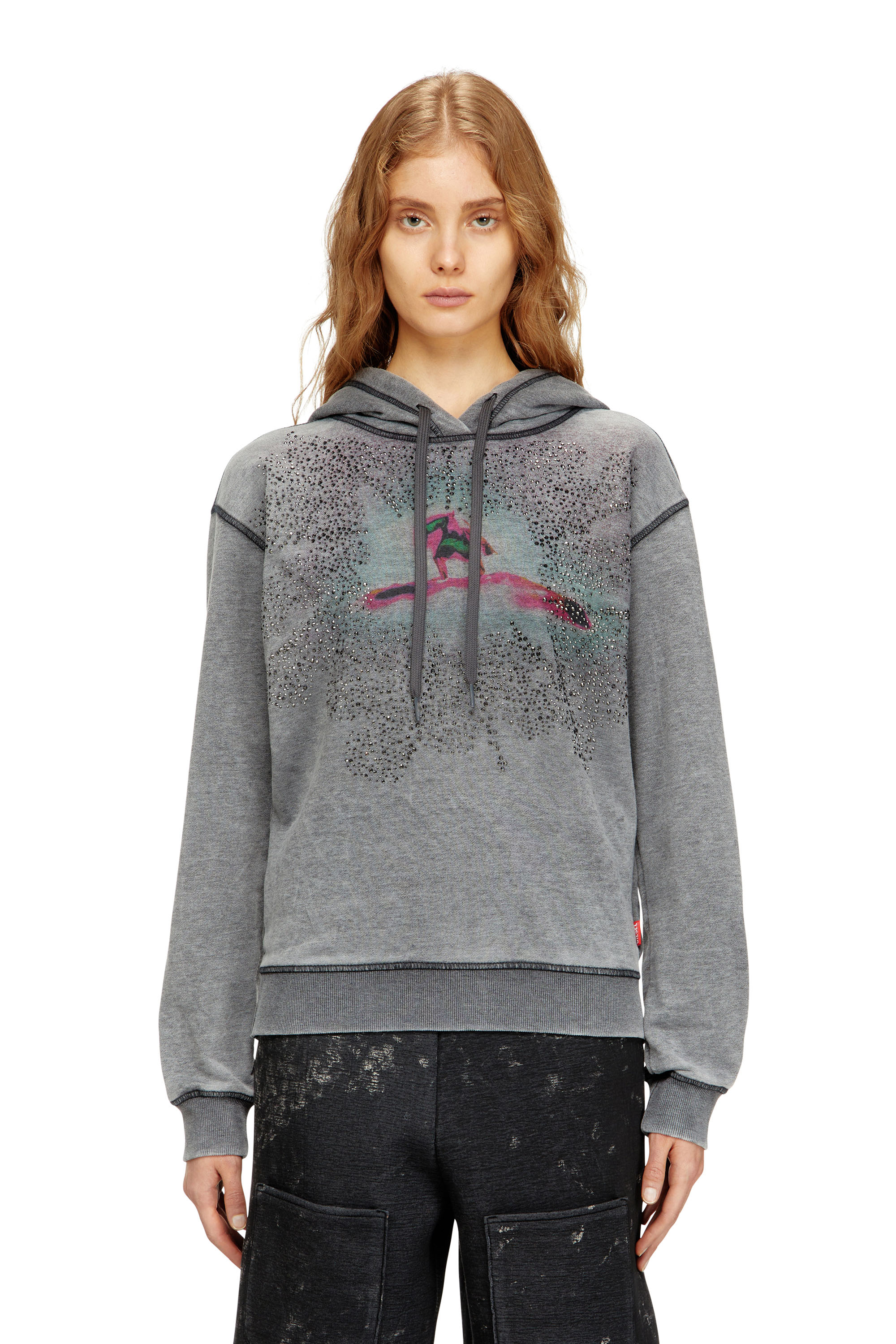 Diesel Women's Grey - Hoodie With Digital Graphic And Rhinestone Detailing - Sweaters - Woman Extra Large
