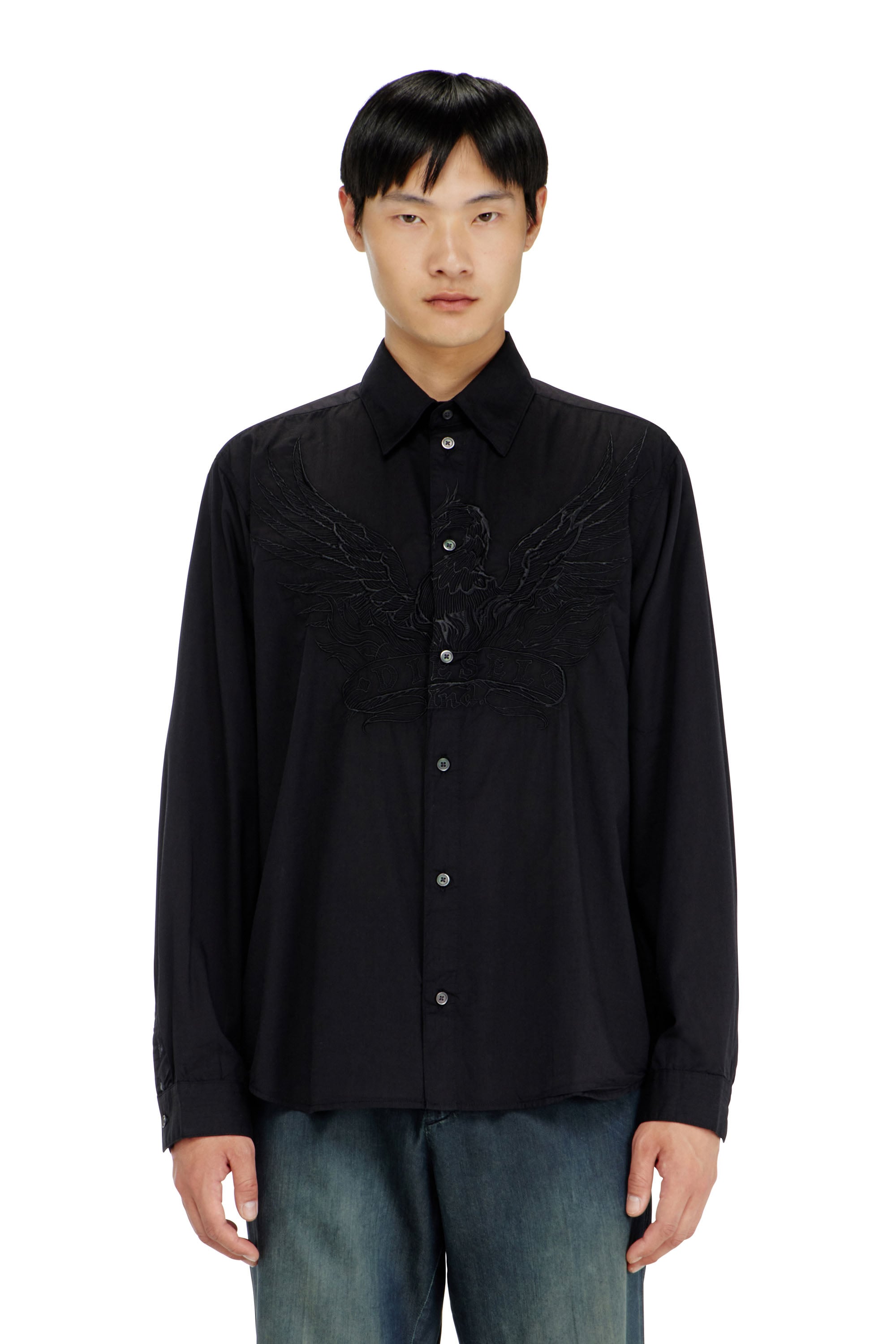 Diesel - Cotton-cupro shirt with embroidered patch - Shirts - Man - Black