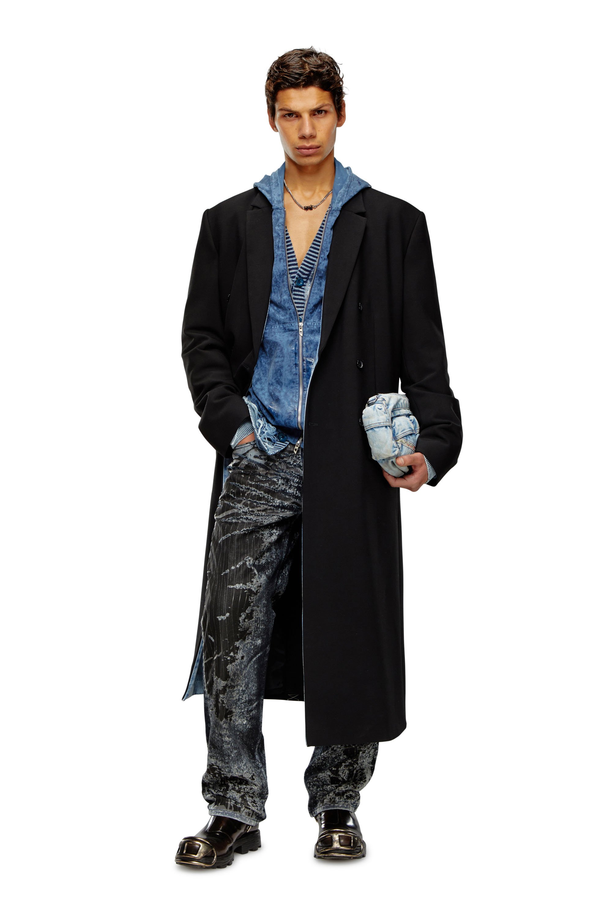 Diesel - Langer Mantel aus Cool Wool mit Denim-Details - Jacken - Herren - Schwarz