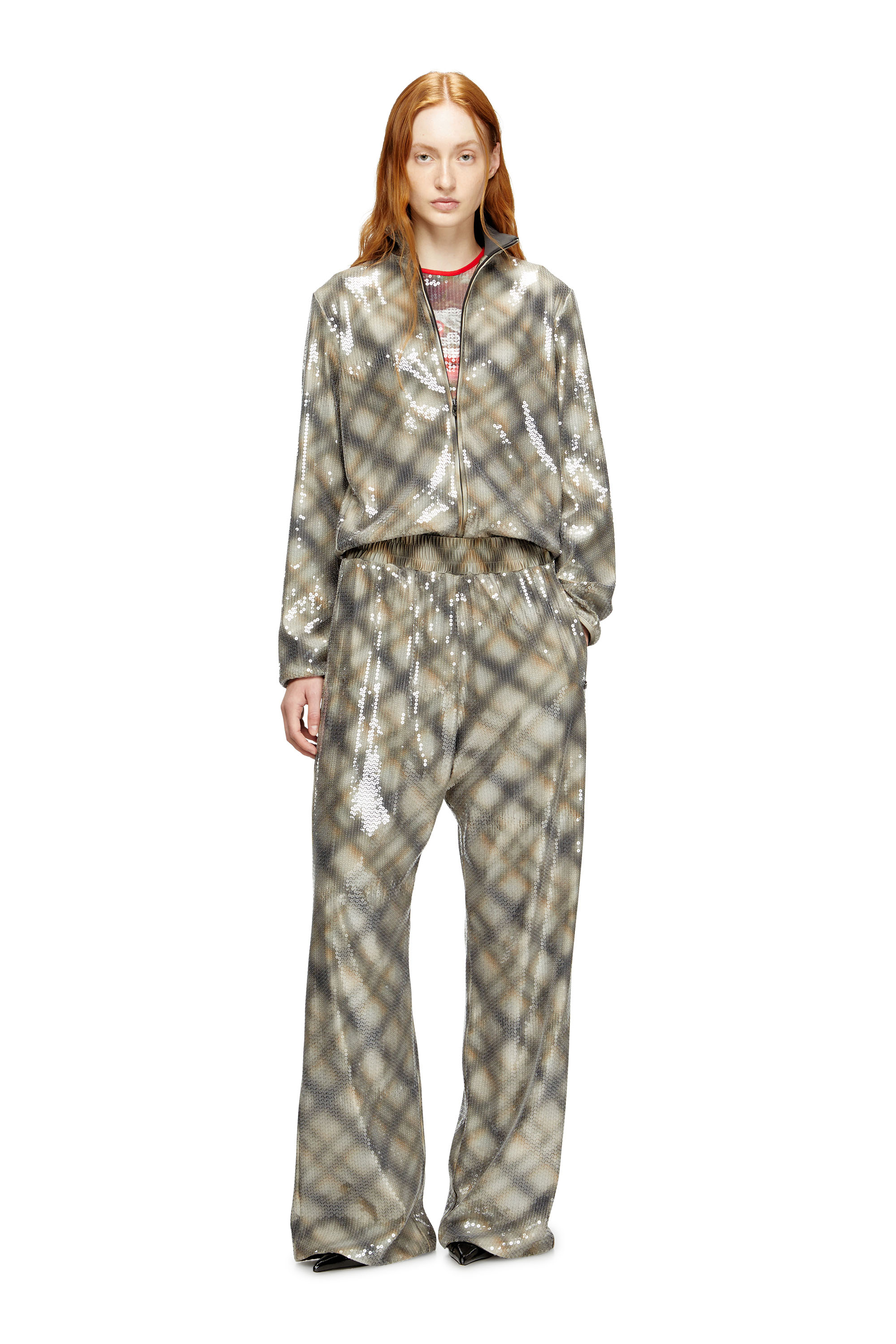 Diesel - F-EREQUINS, Woman's Sequined sweater with plaid design in Beige/Grey - 2