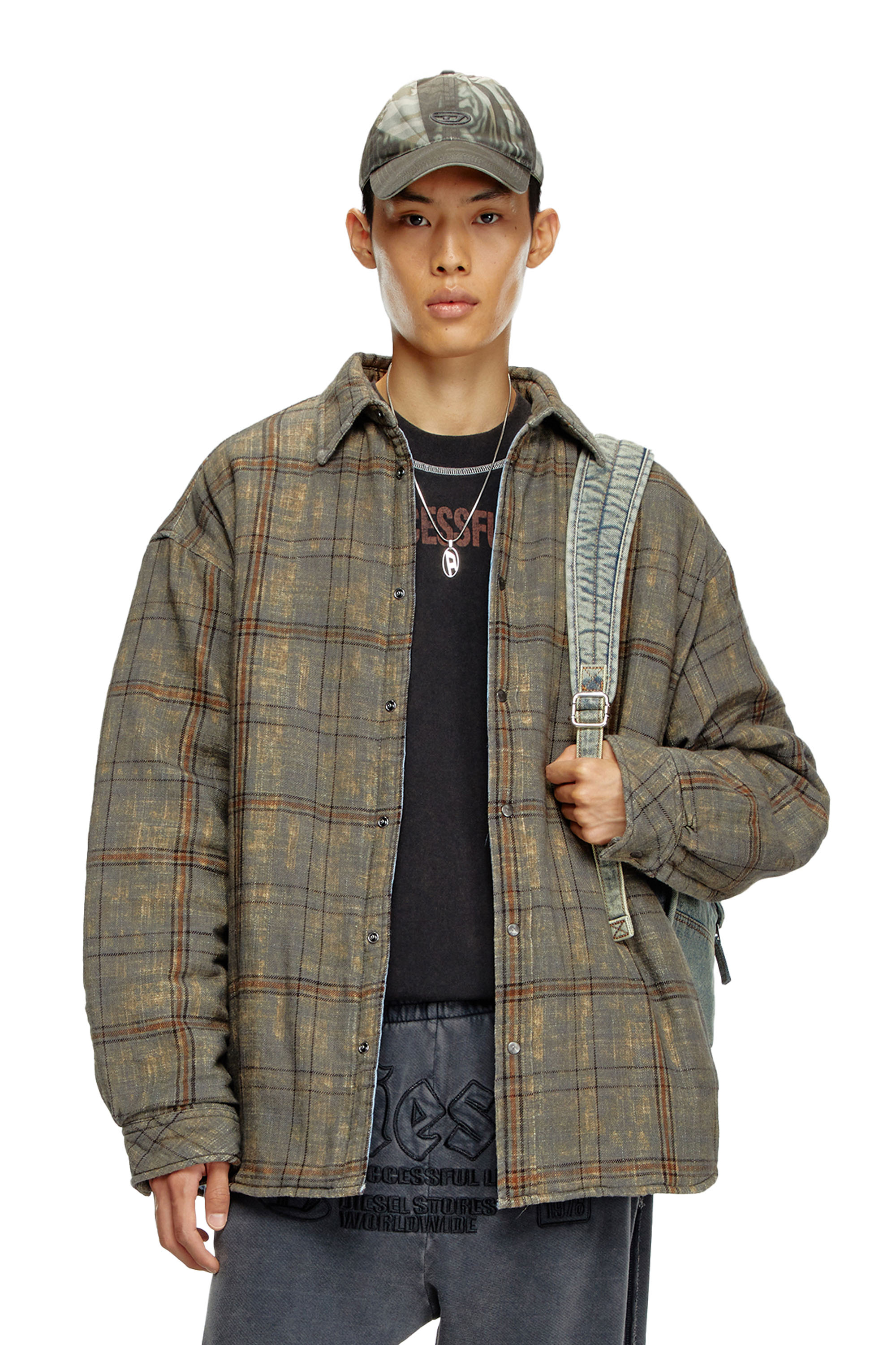 Shop Diesel Padded Jacket In Checked Slub Cotton In Multicolor