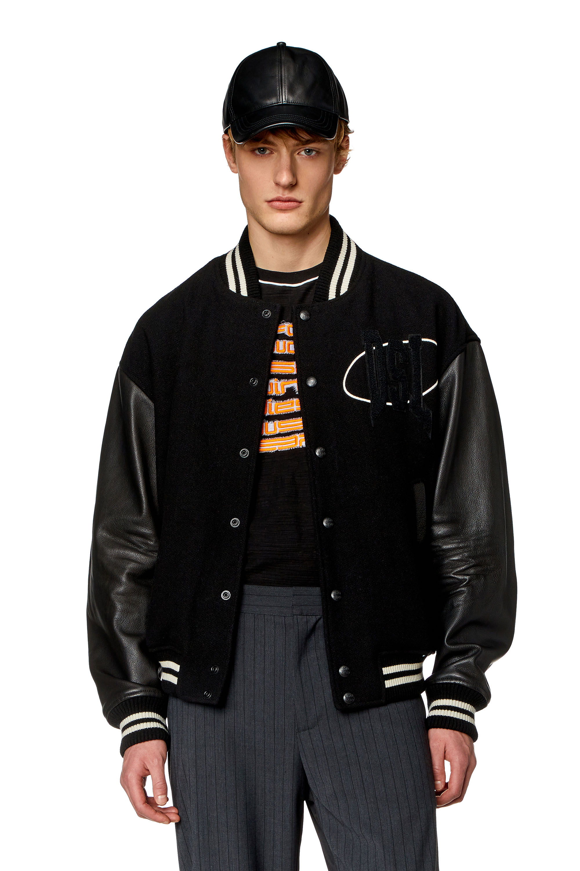 Diesel - Varsity bomber jacket in wool and leather - Leather jackets - Man - Black
