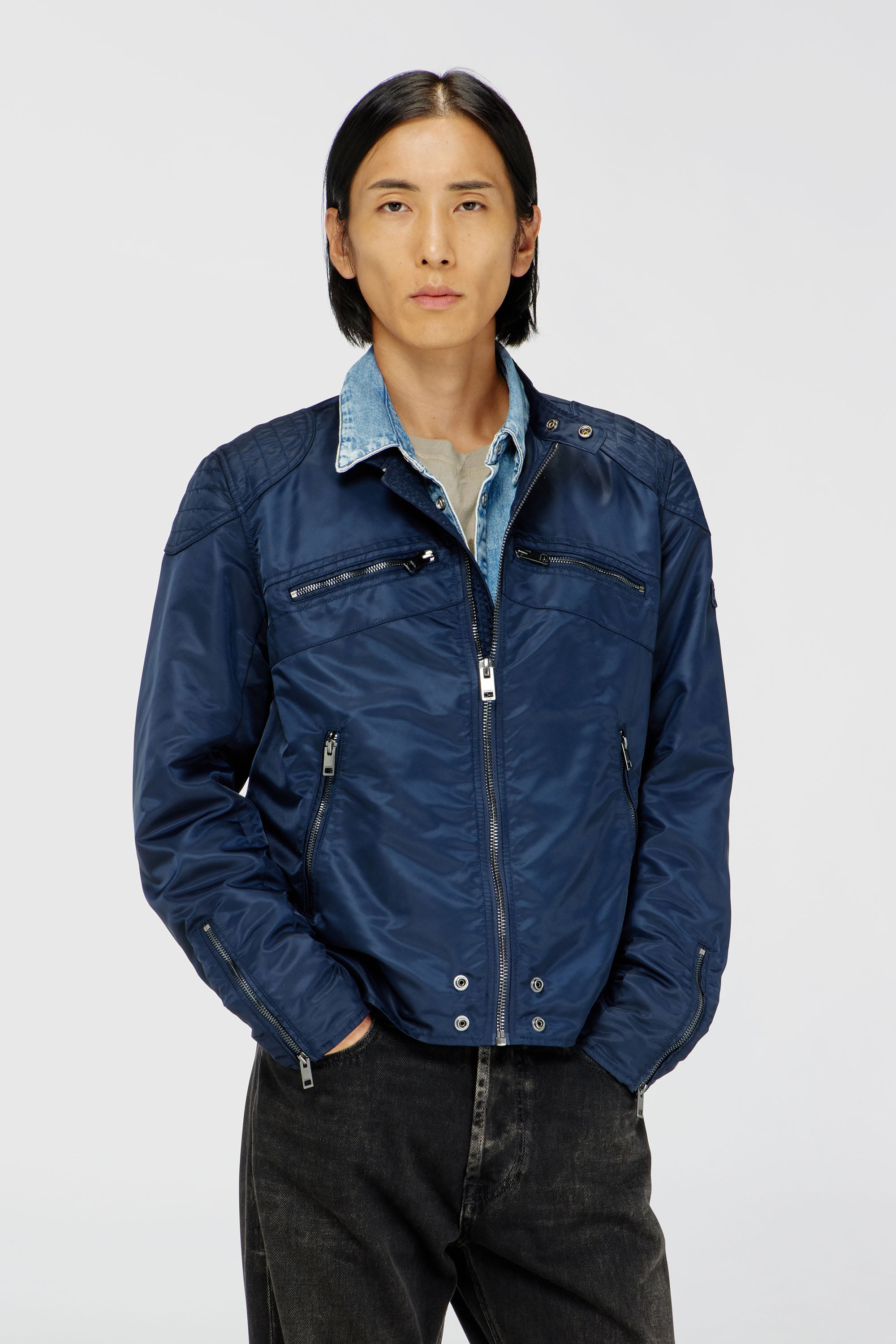 Diesel - Nylon jacket with quilted shoulders and zip pockets - Jackets - Man - Blue