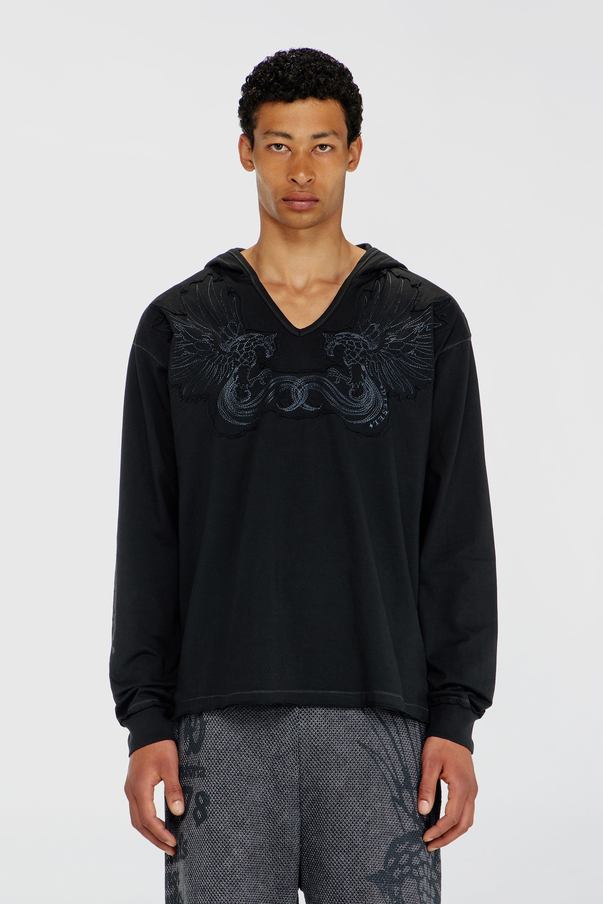 Diesel - Hoodie with V-neck and embroidered front - T-Shirts - Man - Black