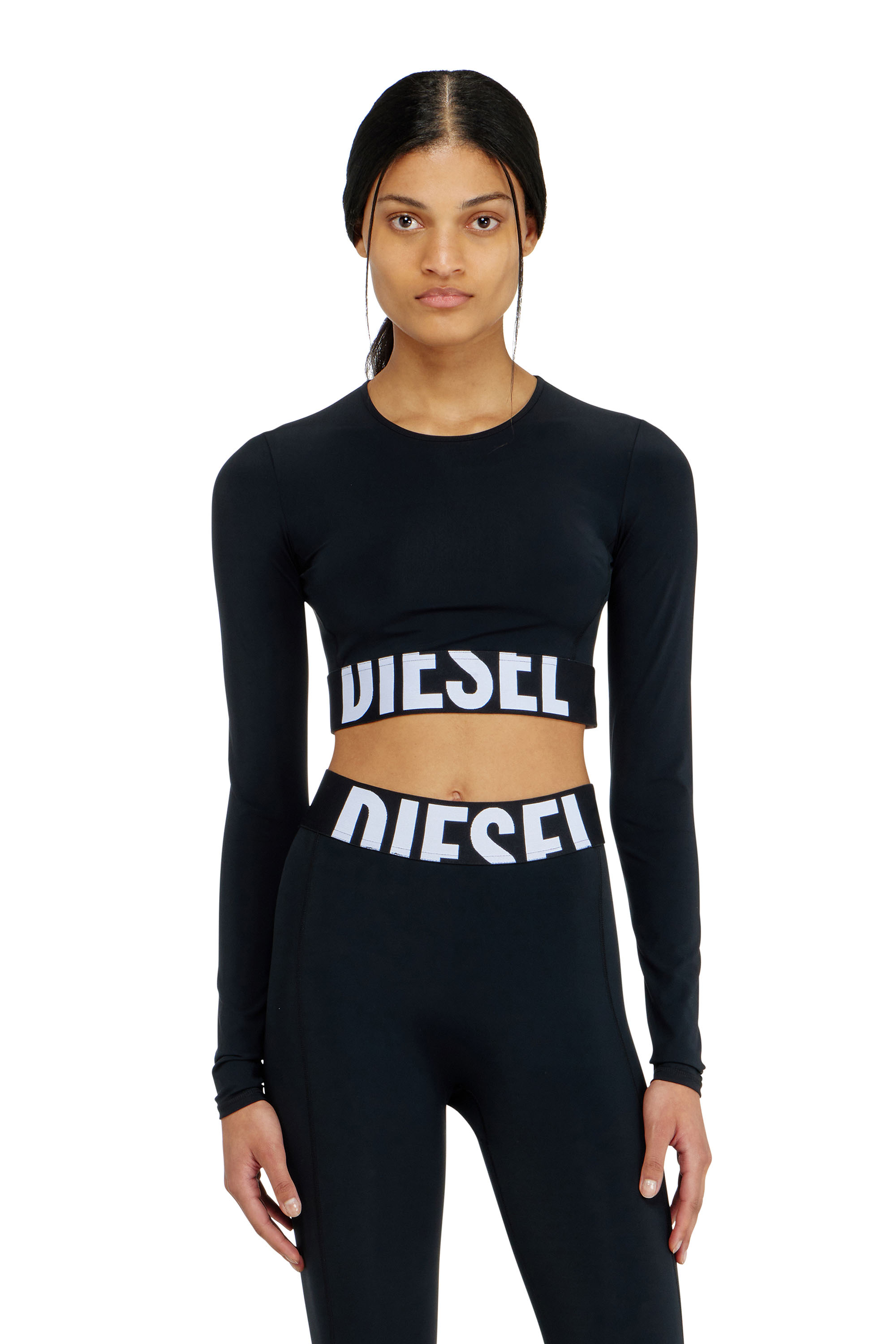 Diesel Kvinno Svart - Microfibre Crop Top With Cut-Off Logo - Tops - Woman Stor