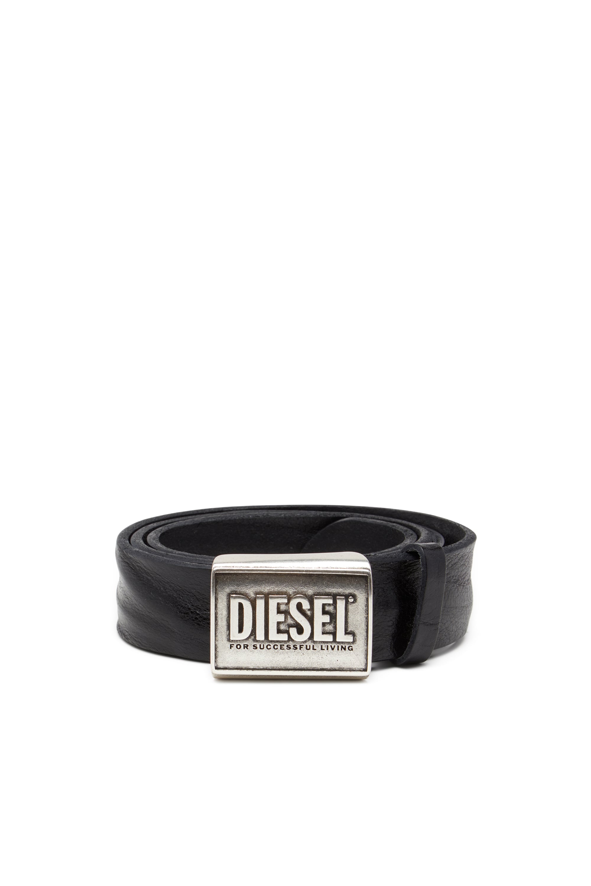 Diesel - Leather belt 4 cm with logo plaque - Belts - Man - Black