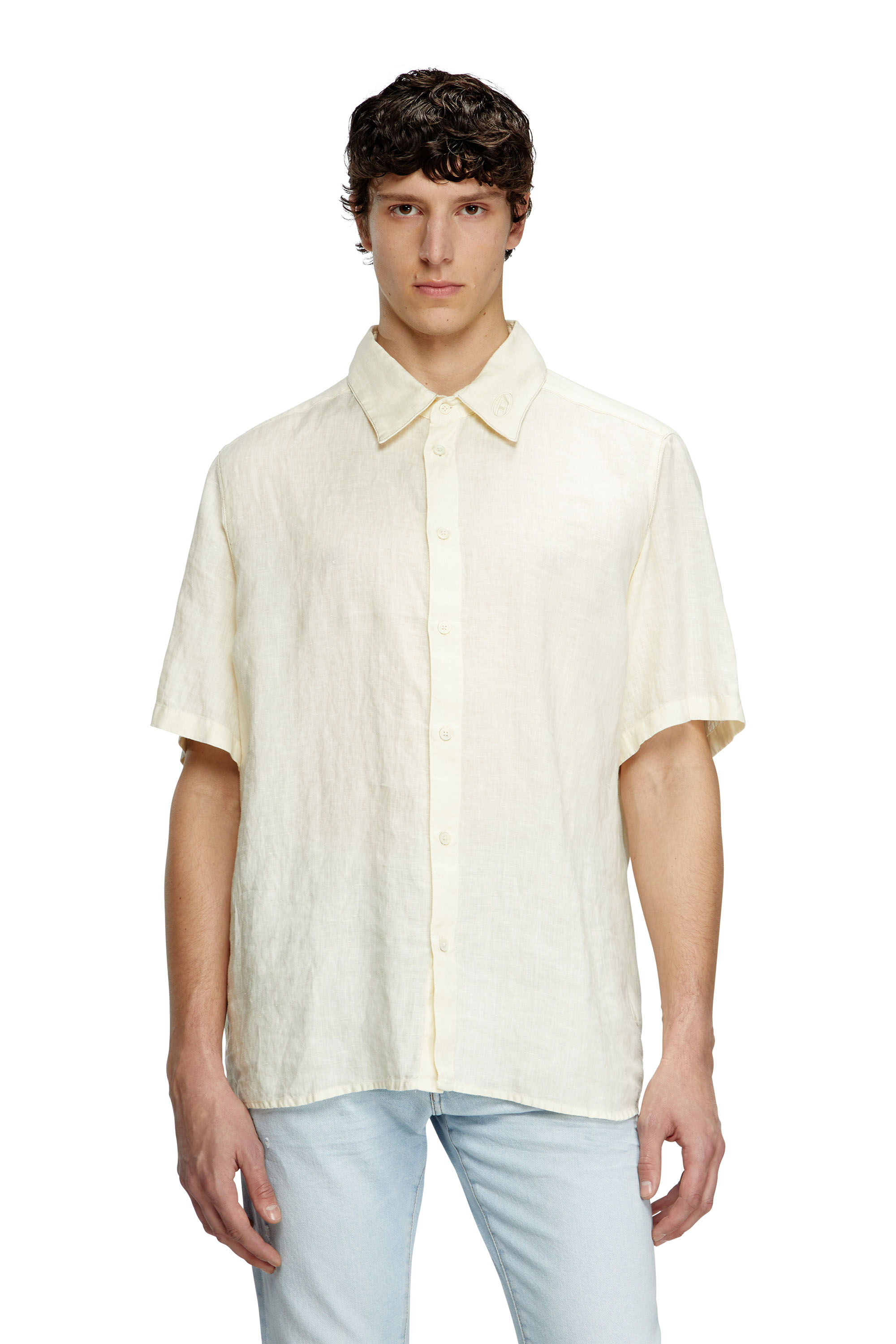 Diesel - Short-sleeve linen shirt with logo collar - Shirts - Man - White